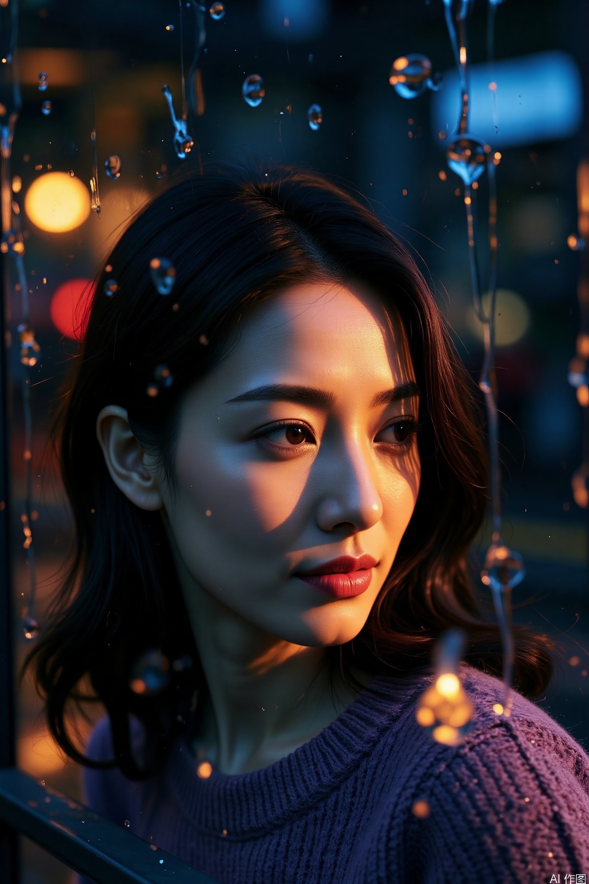 Under the soft indoor lighting, the elegant woman's face is painted with light and shadow. Sony A7R4 camera, aperture f/4, shutter speed 1/60 second, ISO 400. The colors are rich, with a cool tone, creating a tranquil atmosphere.,rainy night,vivid color