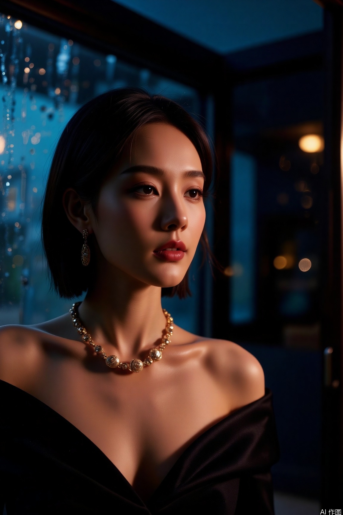 Under the soft indoor lighting, the elegant woman's face is painted with light and shadow. Sony A7R4 camera, aperture f/4, shutter speed 1/60 second, ISO 400. The colors are rich, with a cool tone, creating a tranquil atmosphere.,rainy night,vivid color,necklace