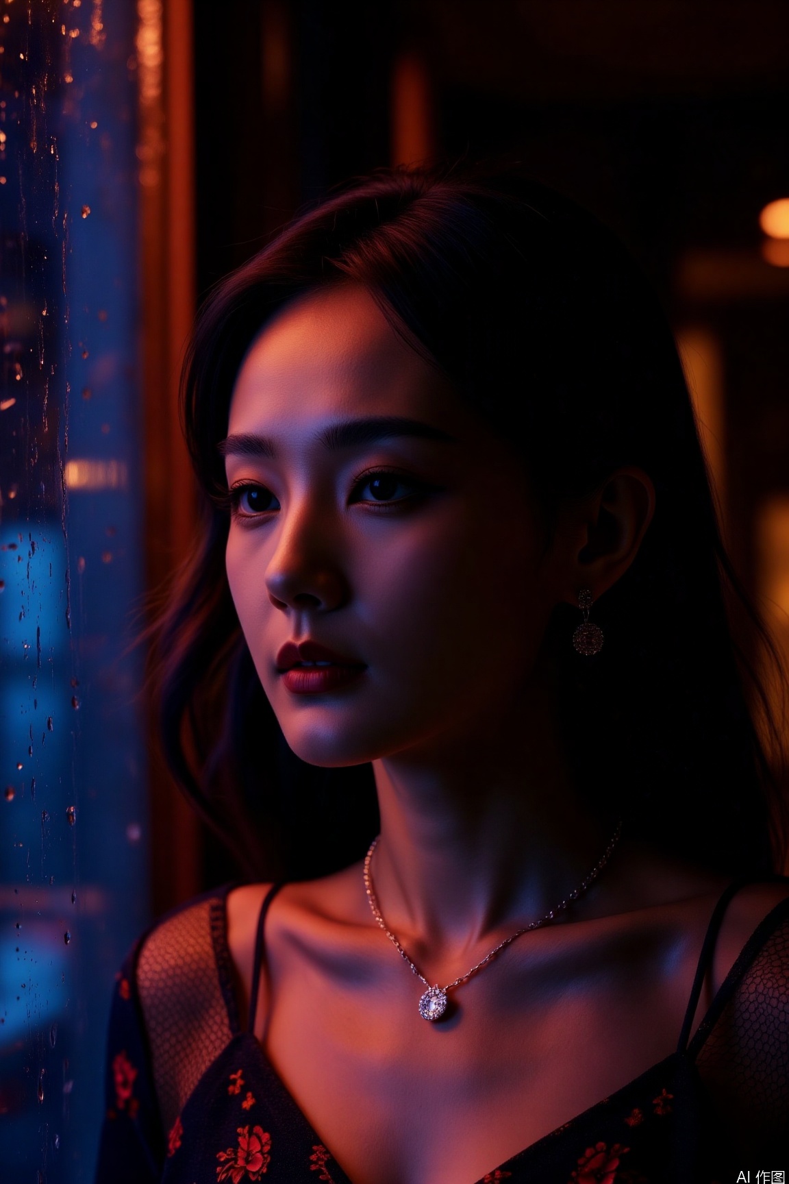 Under the soft indoor lighting, the elegant woman's face is painted with light and shadow. Sony A7R4 camera, aperture f/4, shutter speed 1/60 second, ISO 400. The colors are rich, with a cool tone, creating a tranquil atmosphere.,rainy night,vivid color,necklace