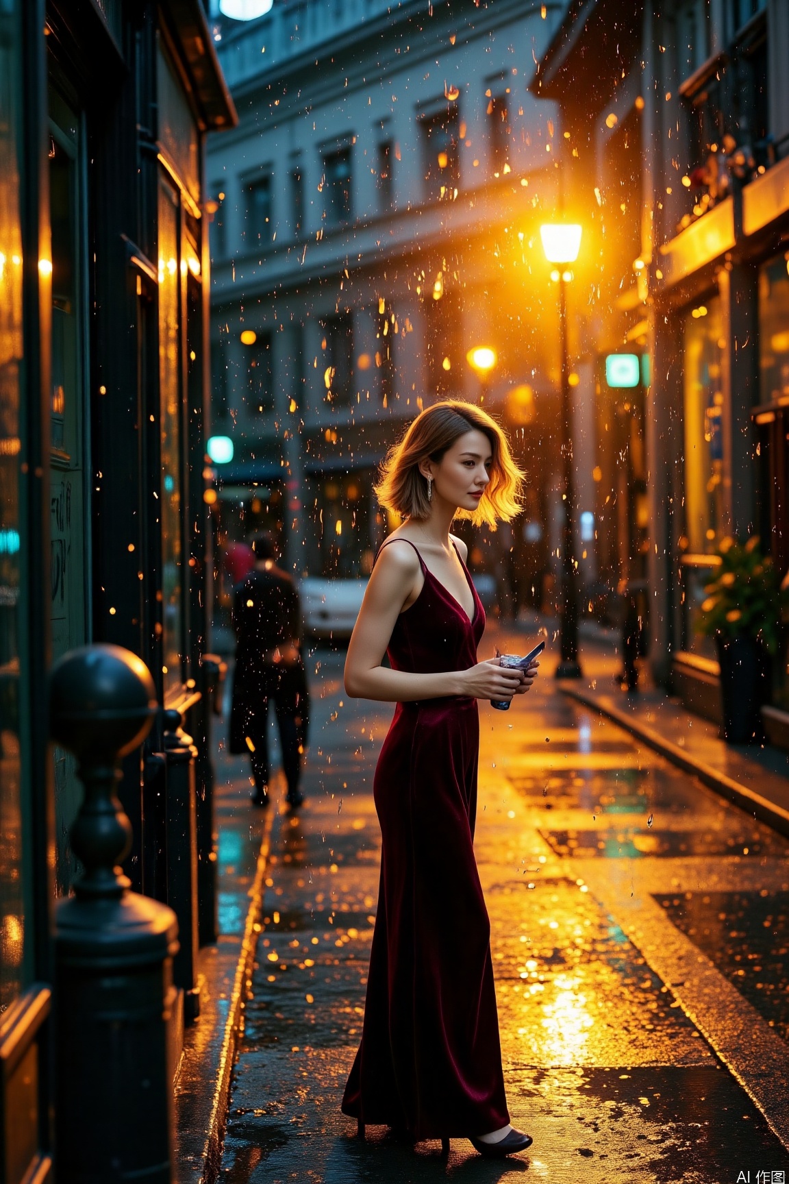 In a rainy alley, an elegant woman stands still. Raindrops sparkle under the light, weaving a romantic atmosphere with light and shadow. Sony A7M3, aperture f/2.0, shutter speed 1/40 second, ISO 1600. The tone has a striking contrast between warm and cool colors, with enhanced colors that add a dramatic feel.