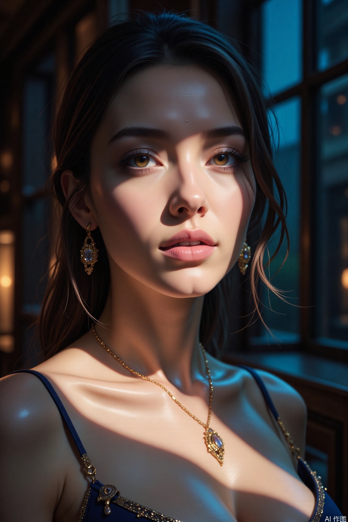Under the soft indoor lighting, the elegant woman's face is painted with light and shadow. Sony A7R4 camera, aperture f/4, shutter speed 1/60 second, ISO 400. The colors are rich, with a cool tone, creating a tranquil atmosphere.vivid color,necklace