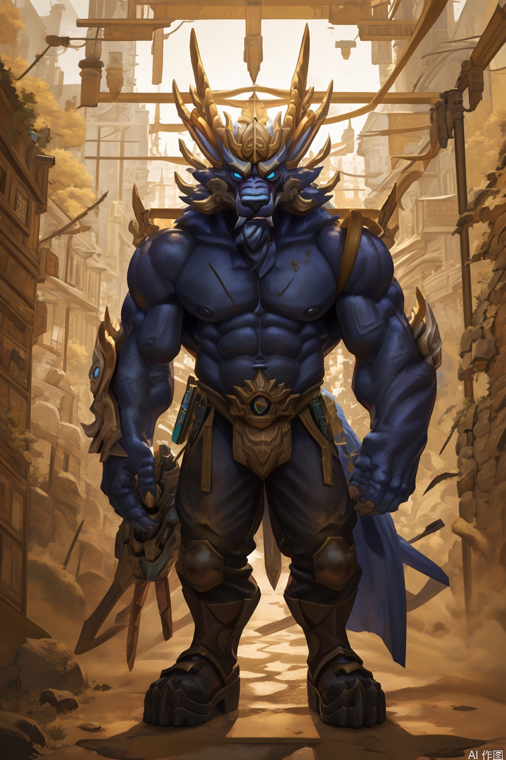 solo, character:warwick, 1boy, holding, standing, full body, cigarette, steampunk, pocket watch store, gear, copper rust, male focus, boots, holding cigarette, armor, muscular, facial hair, holding sword, eyepatch, pectorals, muscular male, shoulder armor, smoke, dual wielding