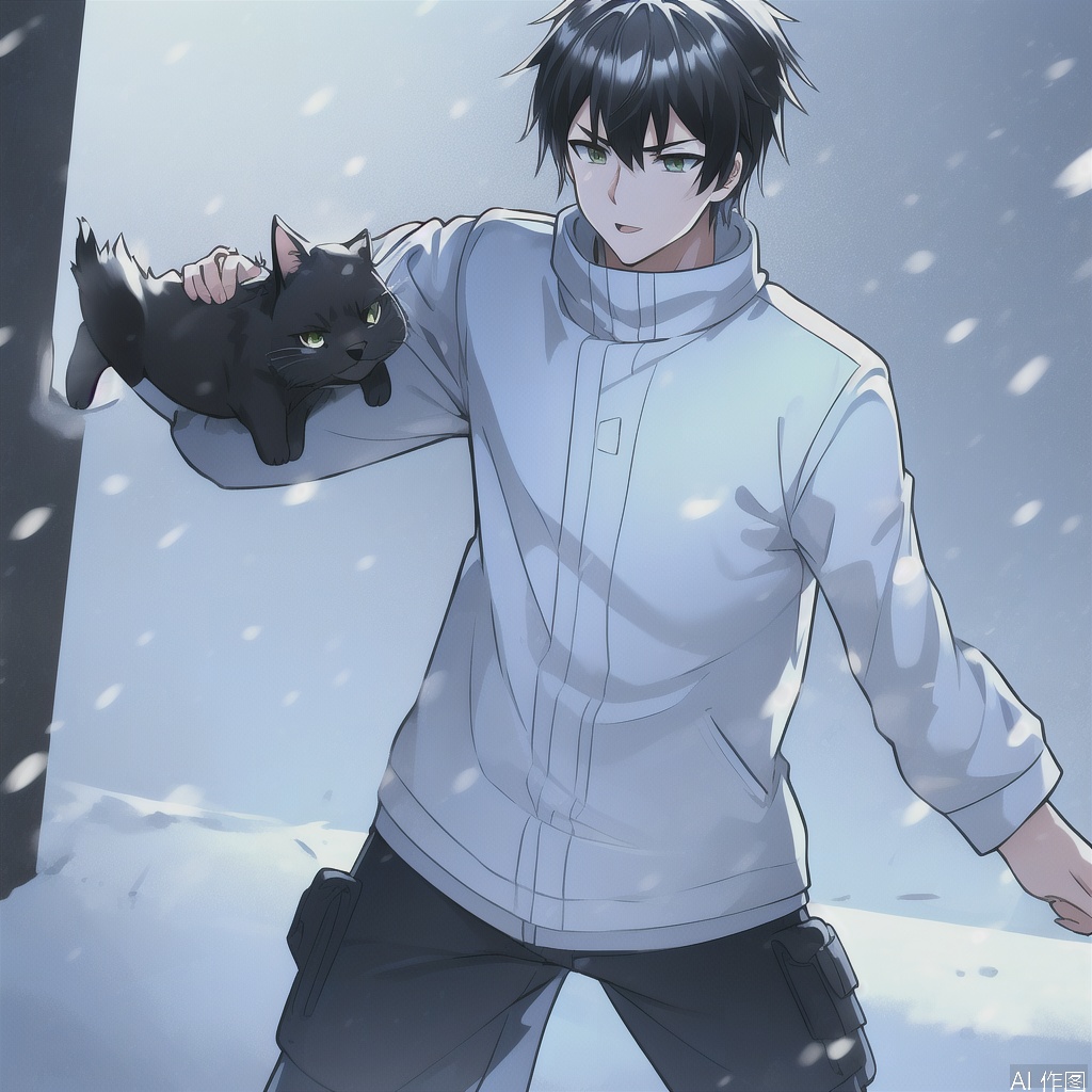 1boy,solo,snow,stronghold,Combat Uniform,Black cat

,(((masterpiece))),((best quality)),8k,available light,shinkai style -- ar 4:3 -- iw 0.3 -- niji 5 -- s 100, ,