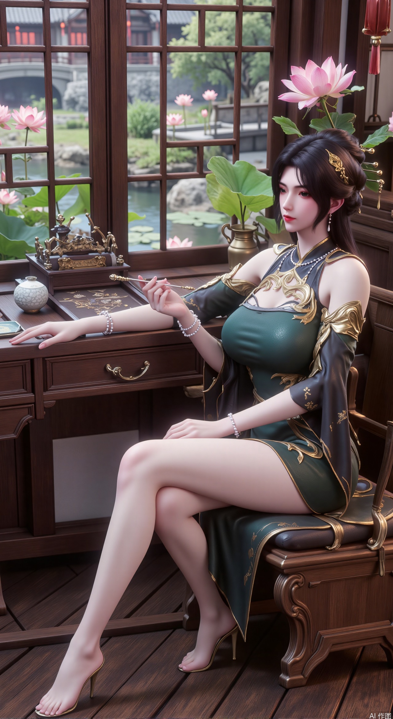 (masterpiece, best quality:1.2),1girl, solo, Ancient princess's boudoir with bright color palette, Hanfu-clad maiden sitting by latticed window desk in romantic daydreaming posture,  classical Chinese garden through window showcasing lotus pond filled with blooming pink and white lotuses, delicate ink-wash painting style, interior featuring rosewood furniture with mother-of-pearl inlay, silk curtains fluttering in breeze, porcelain stationery set on desk, distant view of curved bridges and pavilions in garden, ultra HD rendering with crisp details on embroidered garments and translucent lotus petals,,(huge breasts:2.99),(full breasts:2.89), 