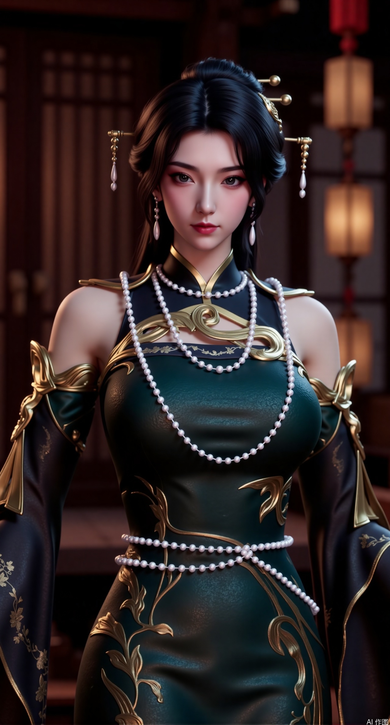  (masterpiece, best quality:1.2),The image is a high-resolution digital artwork depicting a young woman with a serene expression and delicate features, standing in a traditional East Asian setting. She has fair skin and dark, long hair styled in an elegant updo with ornate hairpins.,(huge breasts:2.99),(full breasts:2.99), Her attire is a dark green, intricately embroidered silk dress with a high collar and sleeves that are slightly off the shoulder. The dress has a luxurious sheen, reflecting the light softly. She wears multiple strands of pearls around her neck and wrists, adding to her regal appearance.,Xshisanyi,XtianqiongY