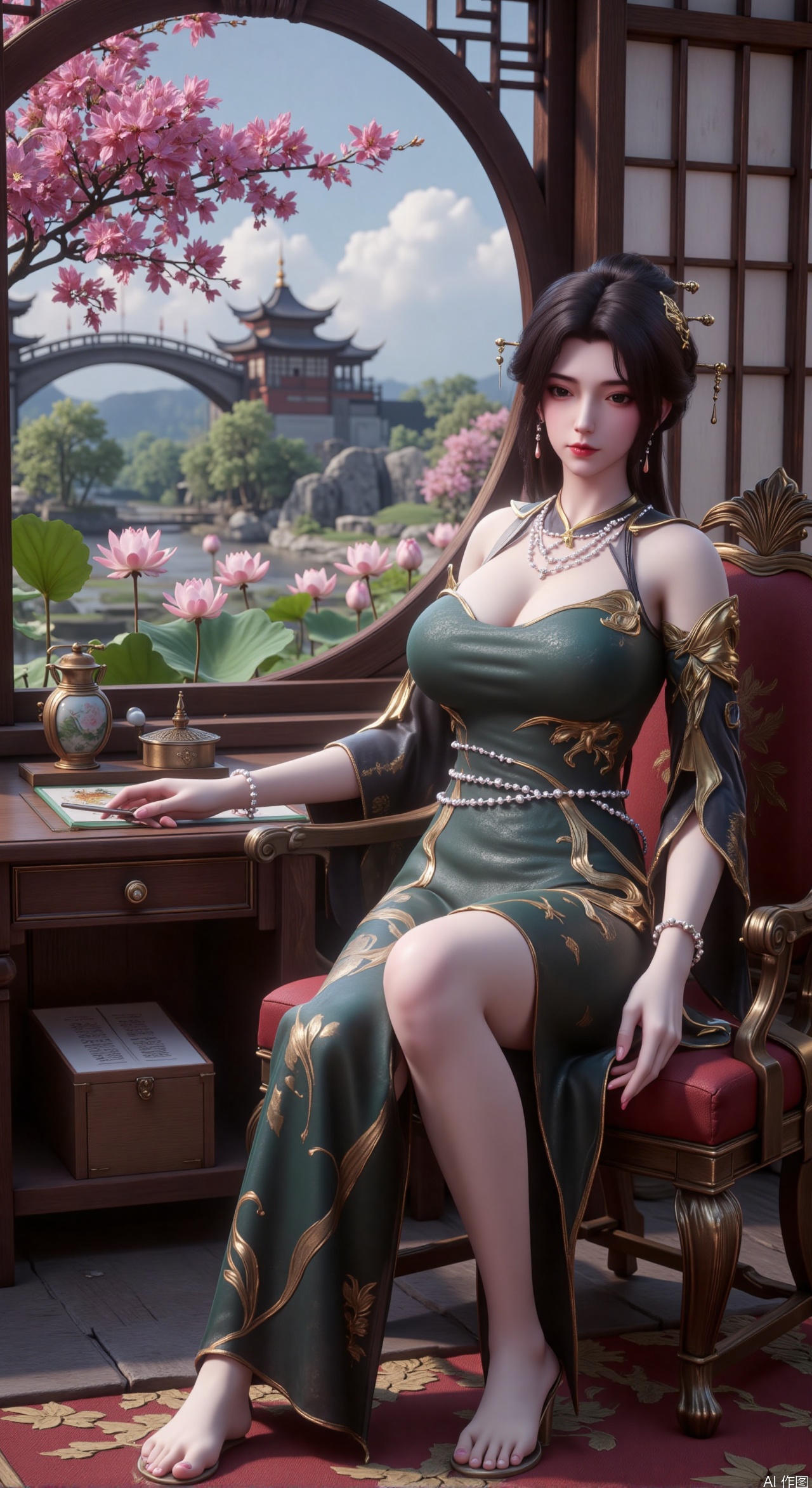 (masterpiece, best quality:1.2),1girl, solo, Ancient princess's boudoir with bright color palette, Hanfu-clad maiden sitting by latticed window desk in romantic daydreaming posture,  classical Chinese garden through window showcasing lotus pond filled with blooming pink and white lotuses, delicate ink-wash painting style, interior featuring rosewood furniture with mother-of-pearl inlay, silk curtains fluttering in breeze, porcelain stationery set on desk, distant view of curved bridges and pavilions in garden, ultra HD rendering with crisp details on embroidered garments and translucent lotus petals,,(huge breasts:2.99),(full breasts:2.89), 