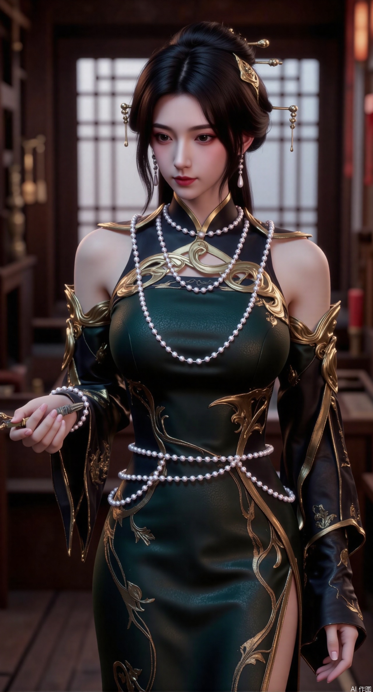  (masterpiece, best quality:1.2),The image is a high-resolution digital artwork depicting a young woman with a serene expression and delicate features, standing in a traditional East Asian setting. She has fair skin and dark, long hair styled in an elegant updo with ornate hairpins.,(huge breasts:2.99),(full breasts:2.99), Her attire is a dark green, intricately embroidered silk dress with a high collar and sleeves that are slightly off the shoulder. The dress has a luxurious sheen, reflecting the light softly. She wears multiple strands of pearls around her neck and wrists, adding to her regal appearance.,Xshisanyi,XtianqiongY,XchulingyuY,Xanmiaoyi