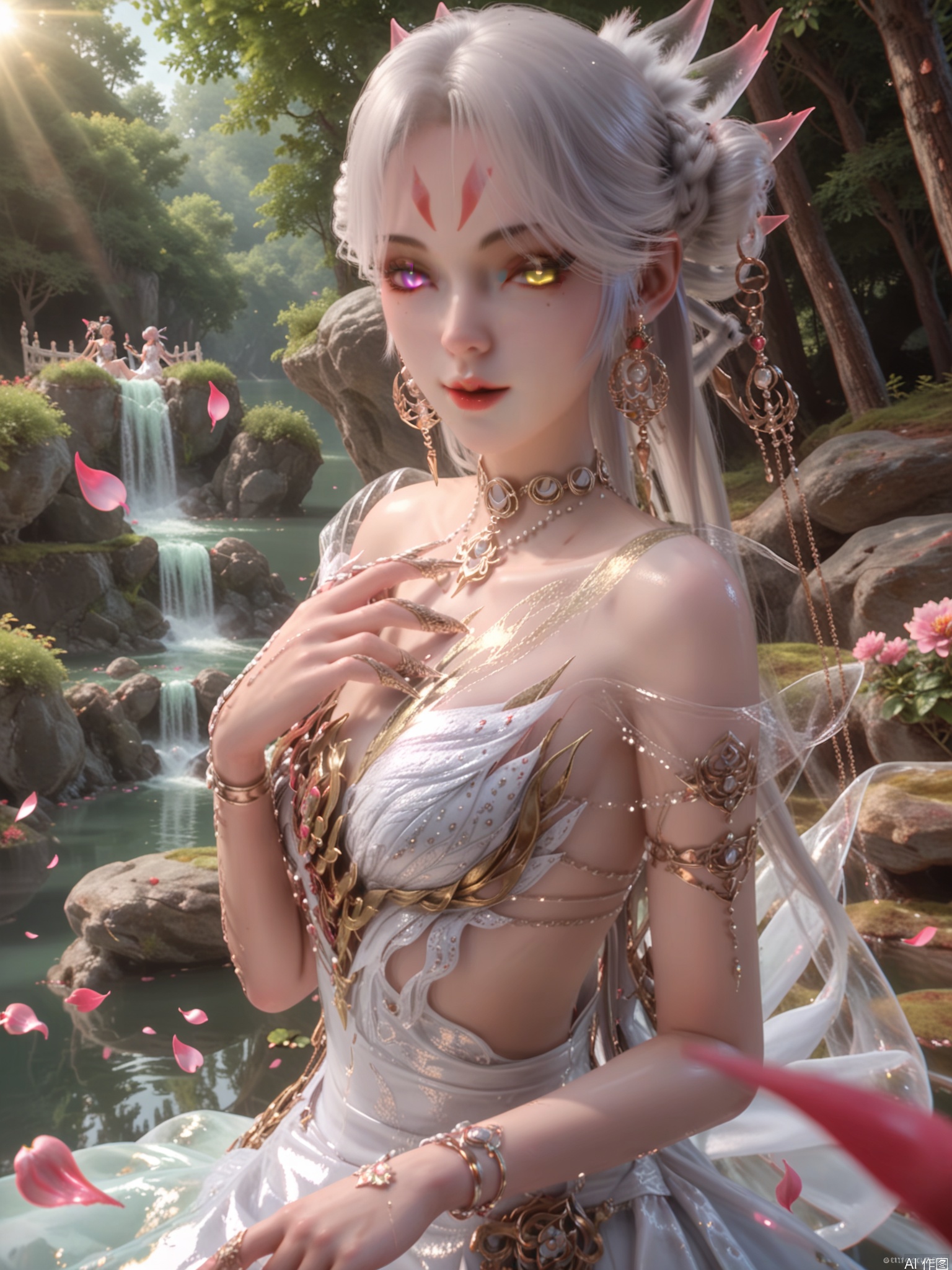 score_9,score_8_up,score_7_up,1girl,looking_at_viewer,realistic,1girl,Vivid Colors,bright environment,sunshine,god light,lake,delicate water surface,shiny skin,shiny hair,reflection,(wariza:1.2),dress,jewelry,flower sea,falling petals,extreme detail description,bright sunlight,bright_pupils,frontal lighting,(upper body:1),put one hand on your chest,yellow eyes,facial mark,forehead mark,fingernails,sharp fingernails,heterochromia,white hair,