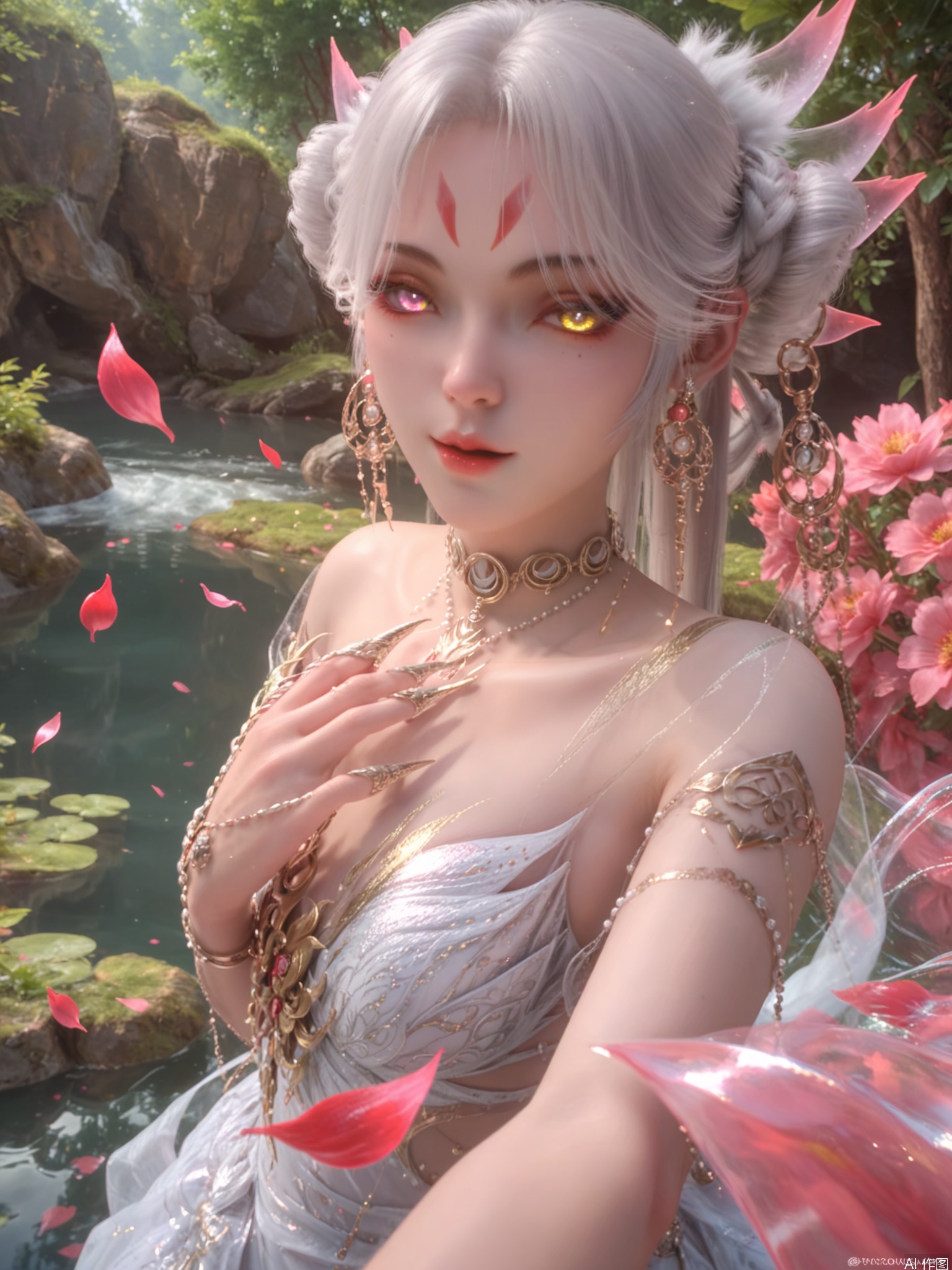 score_9,score_8_up,score_7_up,1girl,looking_at_viewer,realistic,1girl,Vivid Colors,bright environment,sunshine,god light,lake,delicate water surface,shiny skin,shiny hair,reflection,(wariza:1.2),dress,jewelry,flower sea,falling petals,extreme detail description,bright sunlight,bright_pupils,frontal lighting,(upper body:1),put one hand on your chest,yellow eyes,facial mark,forehead mark,fingernails,sharp fingernails,heterochromia,white hair,
