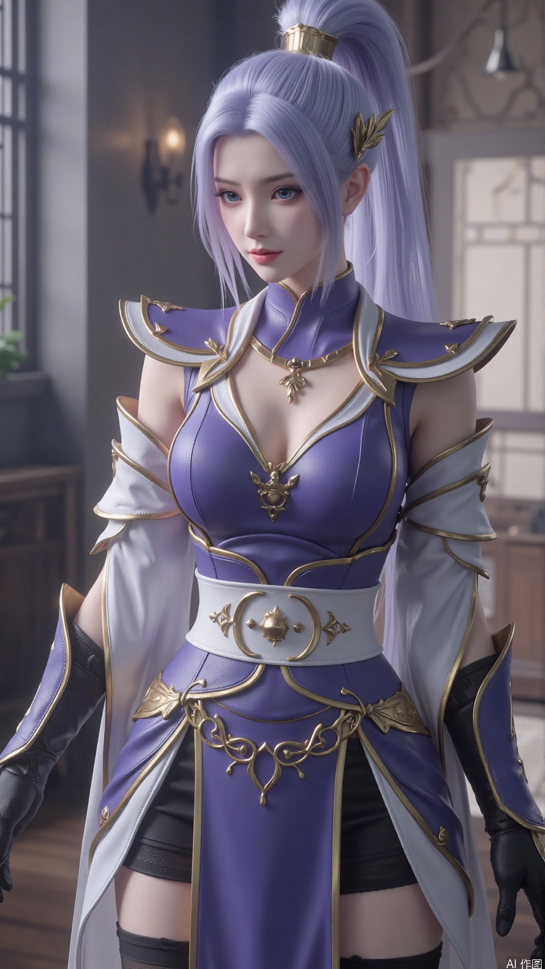 1girl, solo, thighhighs, ponytail, gloves, blue eyes, long hair, breasts, armor, hair ornament, black gloves, looking at viewer, standing, mischevious smile, perfect body, scenery, sharp focus, best quality, masterpiece, detailed outfit, illustration, perfect eyes, finely detailed beautiful anime eyes, realistic skin, intricate details, best lighting, depth of field, ultra high resolution,cowboy_shot