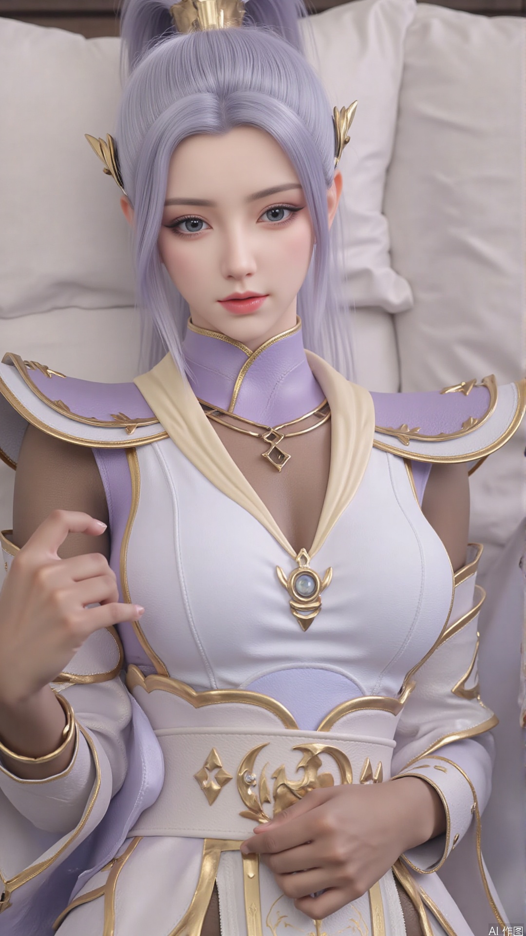  1girl, solo, long hair, breasts, looking at viewer, ponytail, hair ornament, dress, jewelry, closed mouth, short sleeves, earrings, lying, bed, hand up, on back,