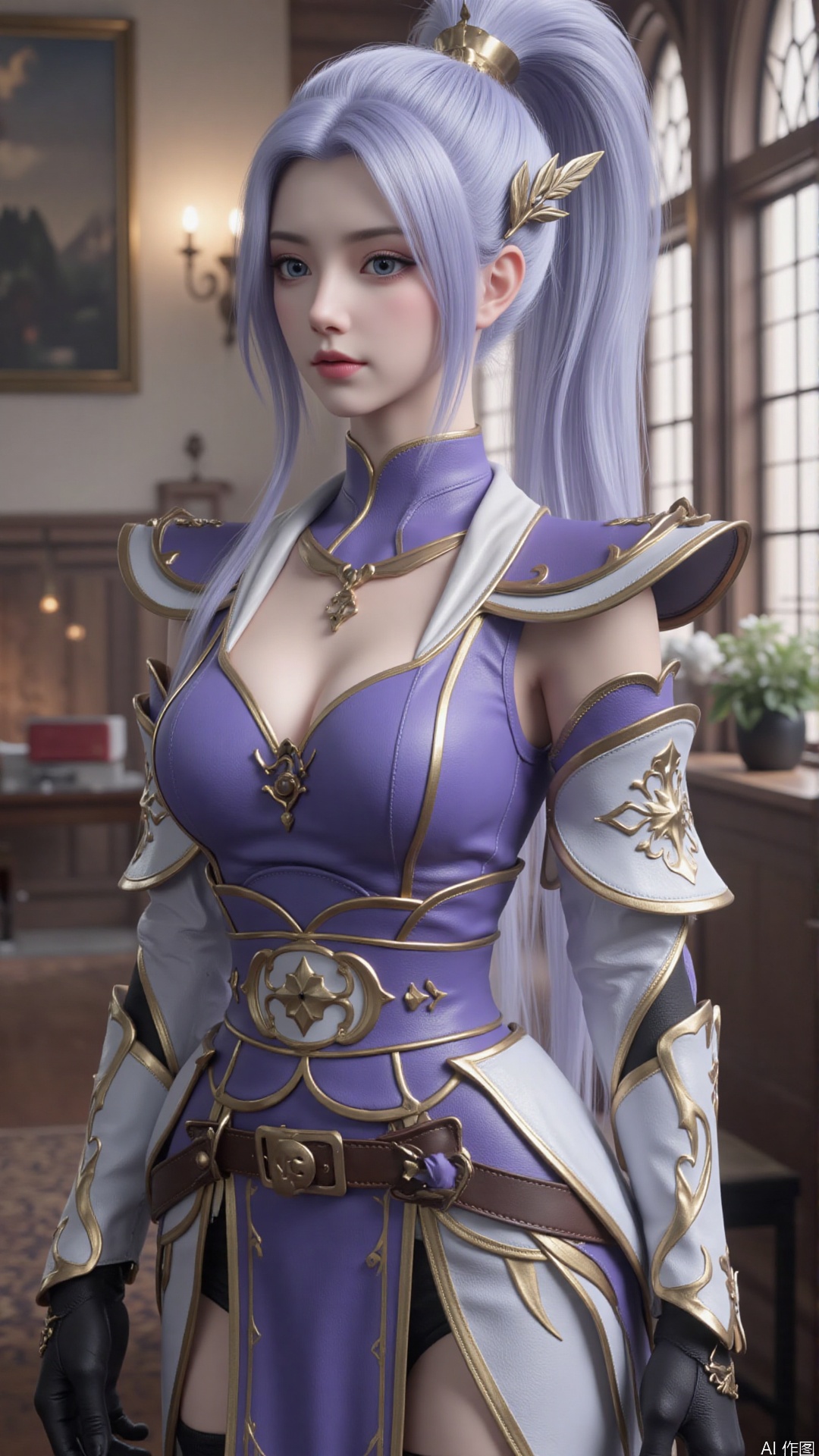 1girl, solo, thighhighs, ponytail, gloves, blue eyes, long hair, breasts, armor, hair ornament, black gloves, looking at viewer, standing, mischevious smile, perfect body, scenery, sharp focus, best quality, masterpiece, detailed outfit, illustration, perfect eyes, finely detailed beautiful anime eyes, realistic skin, intricate details, best lighting, depth of field, ultra high resolution,cowboy_shot