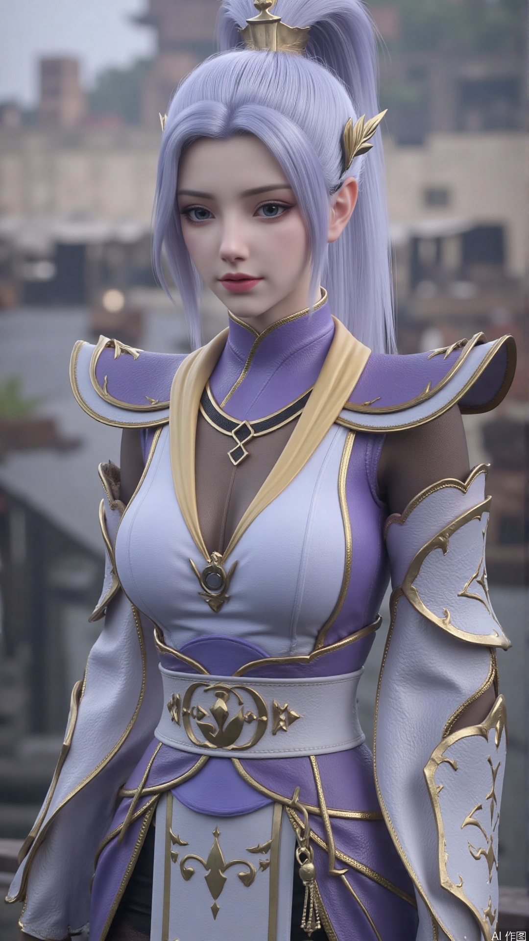 1girl, solo, ponytail, looking at viewer, mischevious smile, perfect body, scenery, sharp focus, best quality, masterpiece, detailed outfit, illustration, perfect eyes, finely detailed beautiful anime eyes, realistic skin, intricate details, best lighting, depth of field, ultra high resolution,cowboy_shot