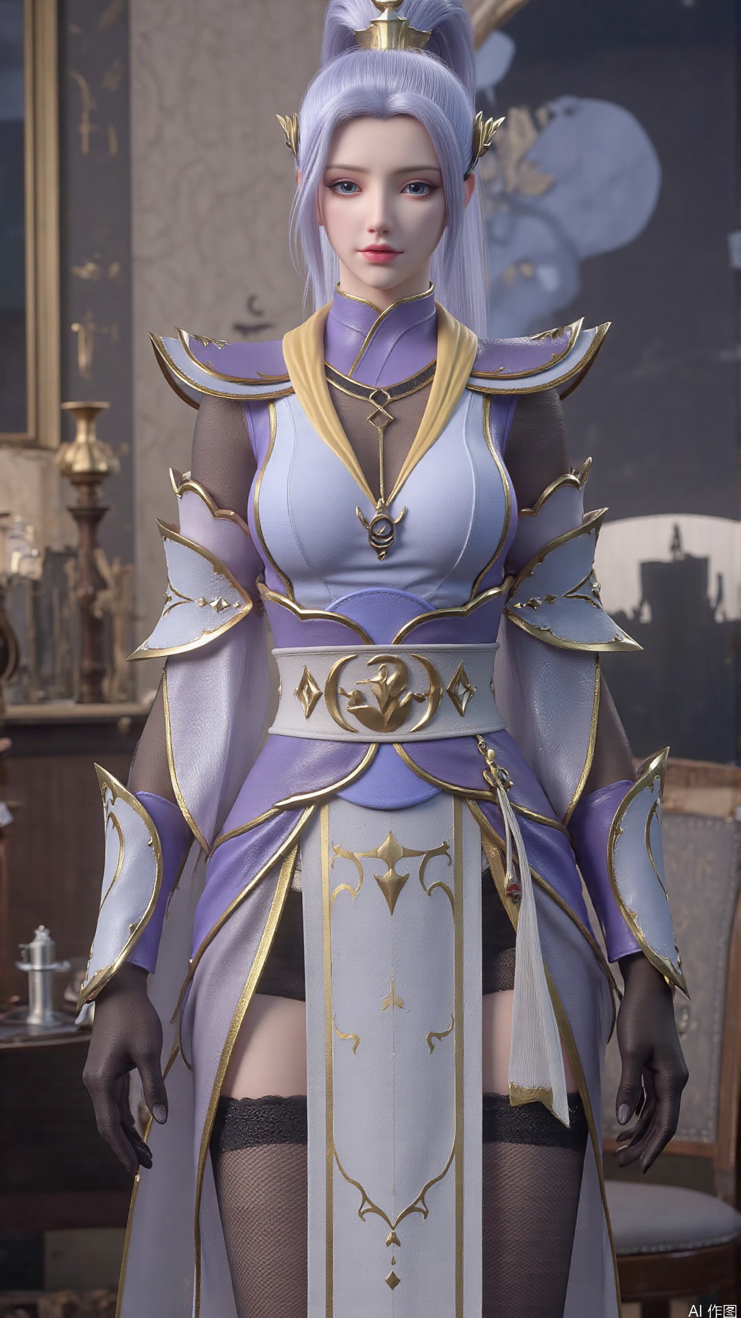 1girl, solo, thighhighs, ponytail, gloves, blue eyes, long hair, breasts, armor, hair ornament, black gloves, looking at viewer, standing, mischevious smile, perfect body, scenery, sharp focus, best quality, masterpiece, detailed outfit, illustration, perfect eyes, finely detailed beautiful anime eyes, realistic skin, intricate details, best lighting, depth of field, ultra high resolution,cowboy_shot