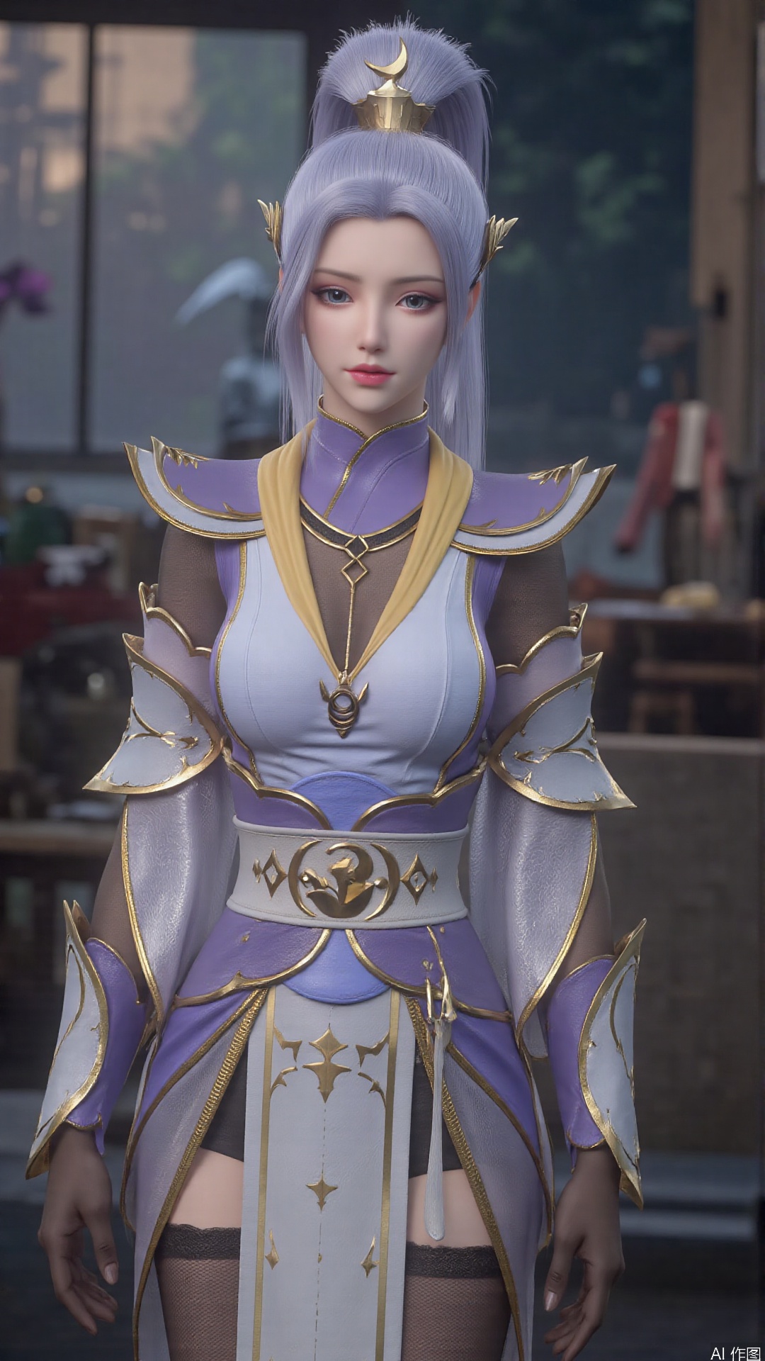 1girl, solo, ponytail, looking at viewer, mischevious smile, perfect body, scenery, sharp focus, best quality, masterpiece, detailed outfit, illustration, perfect eyes, finely detailed beautiful anime eyes, realistic skin, intricate details, best lighting, depth of field, ultra high resolution,cowboy_shot