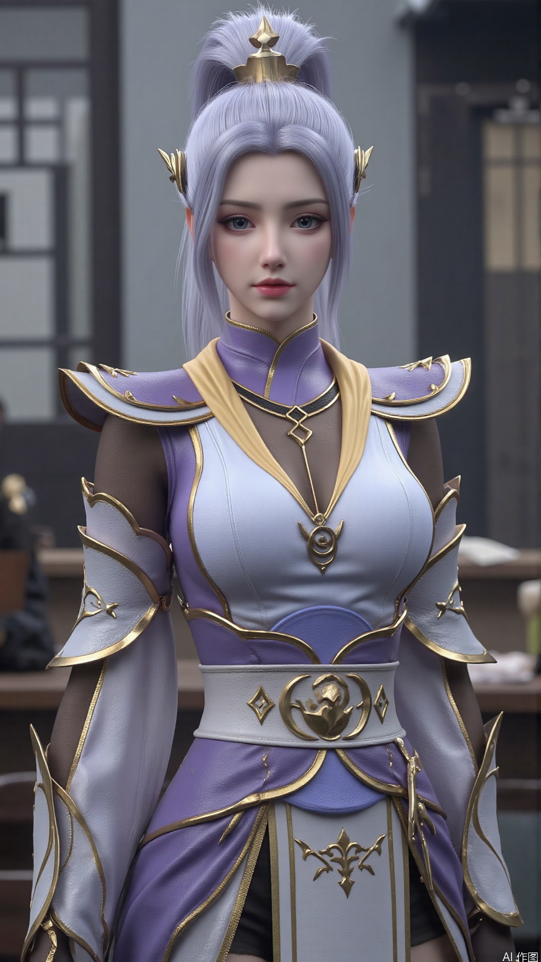 1girl, solo, thighhighs, ponytail, gloves, blue eyes, long hair, breasts, armor, hair ornament, black gloves, looking at viewer, standing, mischevious smile, perfect body, scenery, sharp focus, best quality, masterpiece, detailed outfit, illustration, perfect eyes, finely detailed beautiful anime eyes, realistic skin, intricate details, best lighting, depth of field, ultra high resolution,cowboy_shot