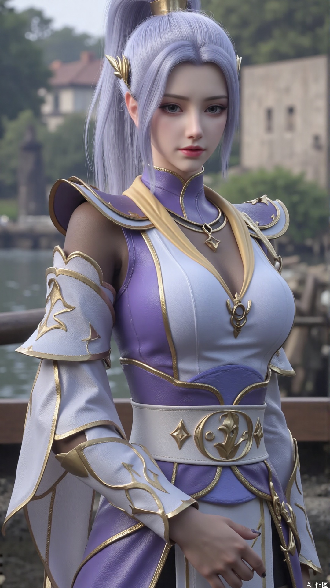 1girl, solo, ponytail, looking at viewer, mischevious smile, perfect body, scenery, sharp focus, best quality, masterpiece, detailed outfit, illustration, perfect eyes, finely detailed beautiful anime eyes, realistic skin, intricate details, best lighting, depth of field, ultra high resolution,cowboy_shot