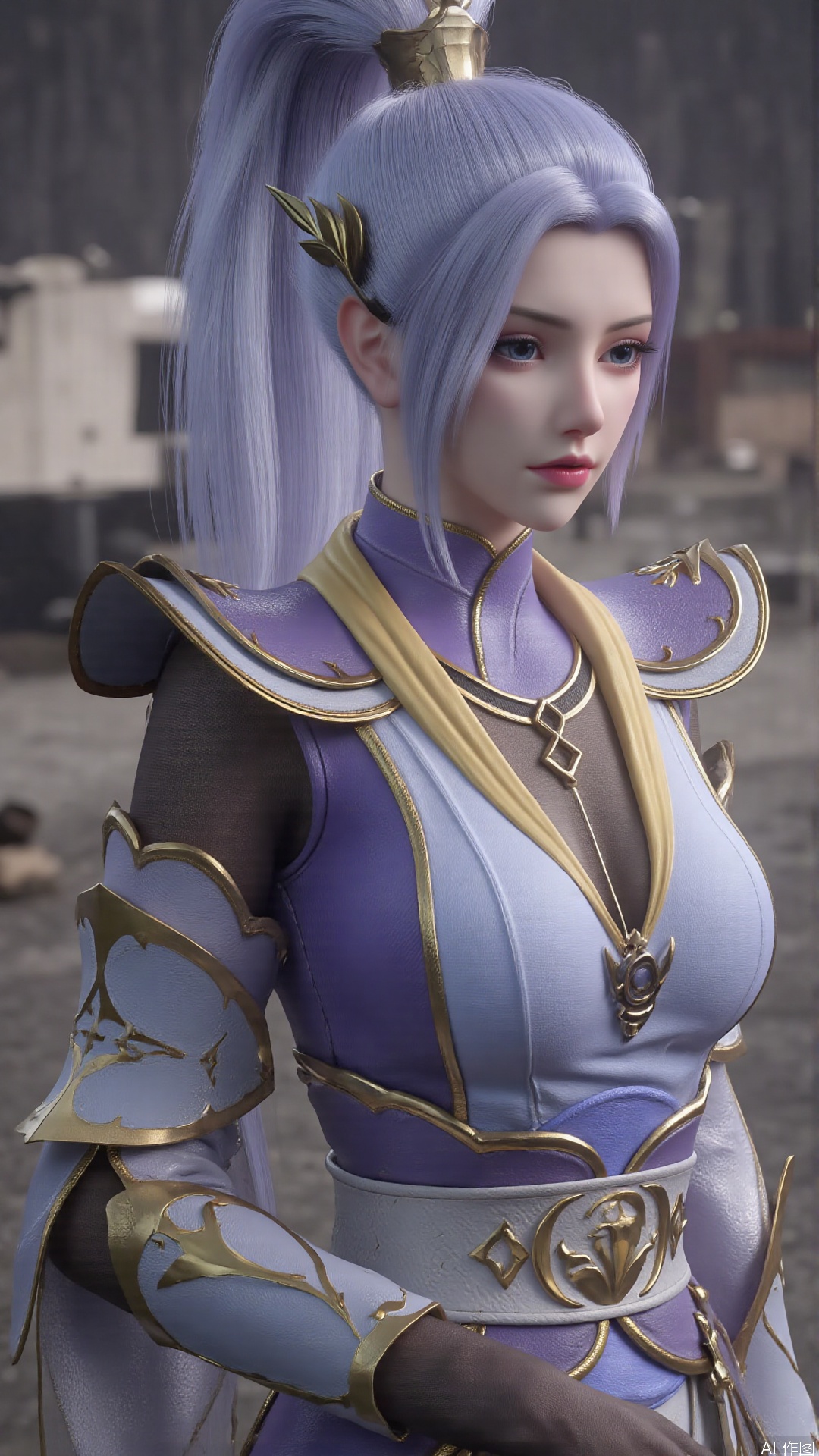  1girl, light purple hair, black thighhighs, ponytail, gloves, blue eyes, long hair, breasts, armor, hair ornament, black gloves, looking at viewer, lying, perfect body, scenery, sharp focus, best quality, masterpiece, detailed outfit, illustration, perfect eyes, finely detailed beautiful anime eyes, realistic skin, intricate details, best lighting, depth of field, ultra high resolution, bed, from above