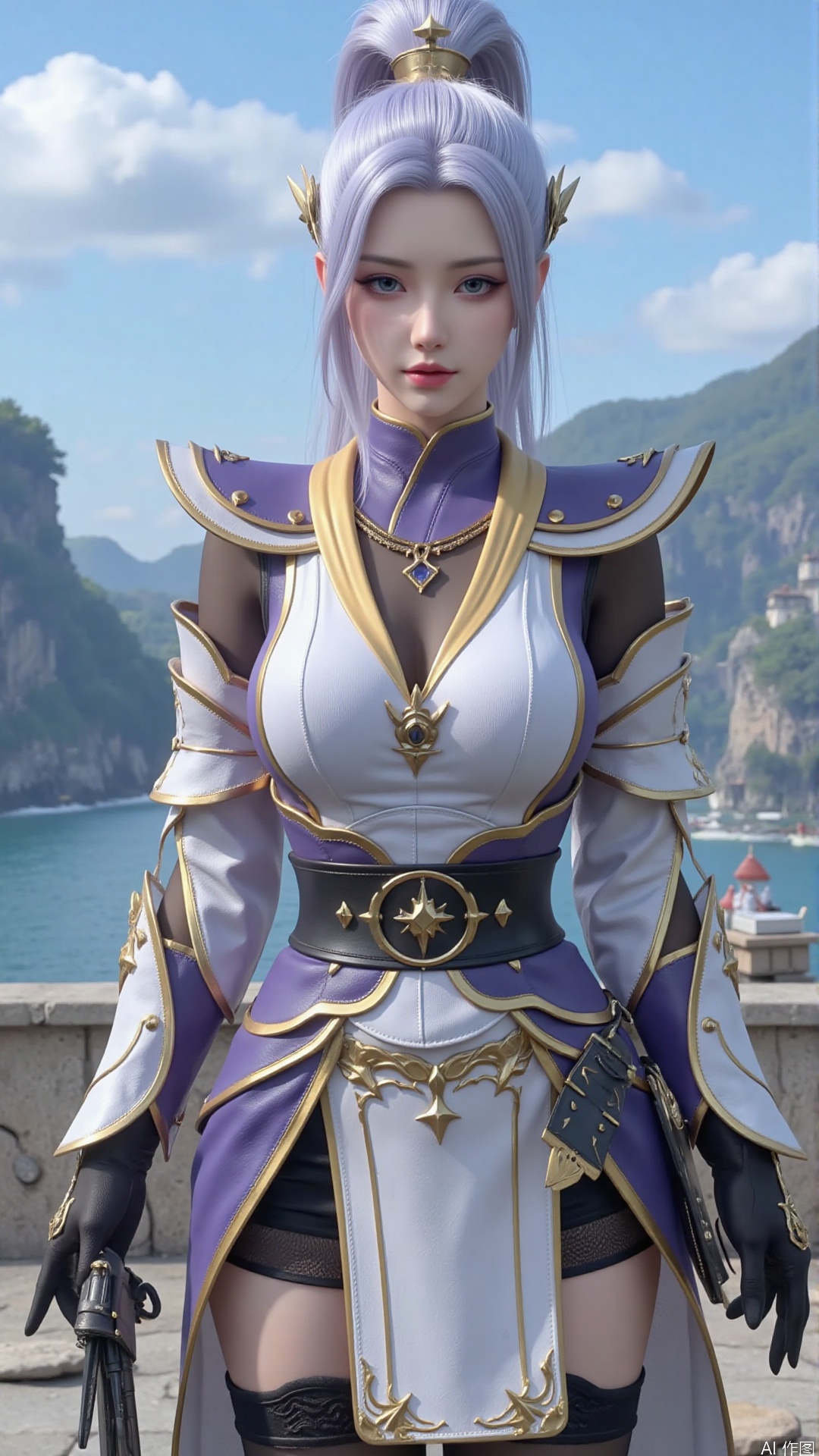 1girl, solo, thighhighs, ponytail, gloves, blue eyes, long hair, breasts, armor, hair ornament, black gloves, looking at viewer, standing, mischevious smile, perfect body, scenery, sharp focus, best quality, masterpiece, detailed outfit, illustration, perfect eyes, finely detailed beautiful anime eyes, realistic skin, intricate details, best lighting, depth of field, ultra high resolution,cowboy_shot