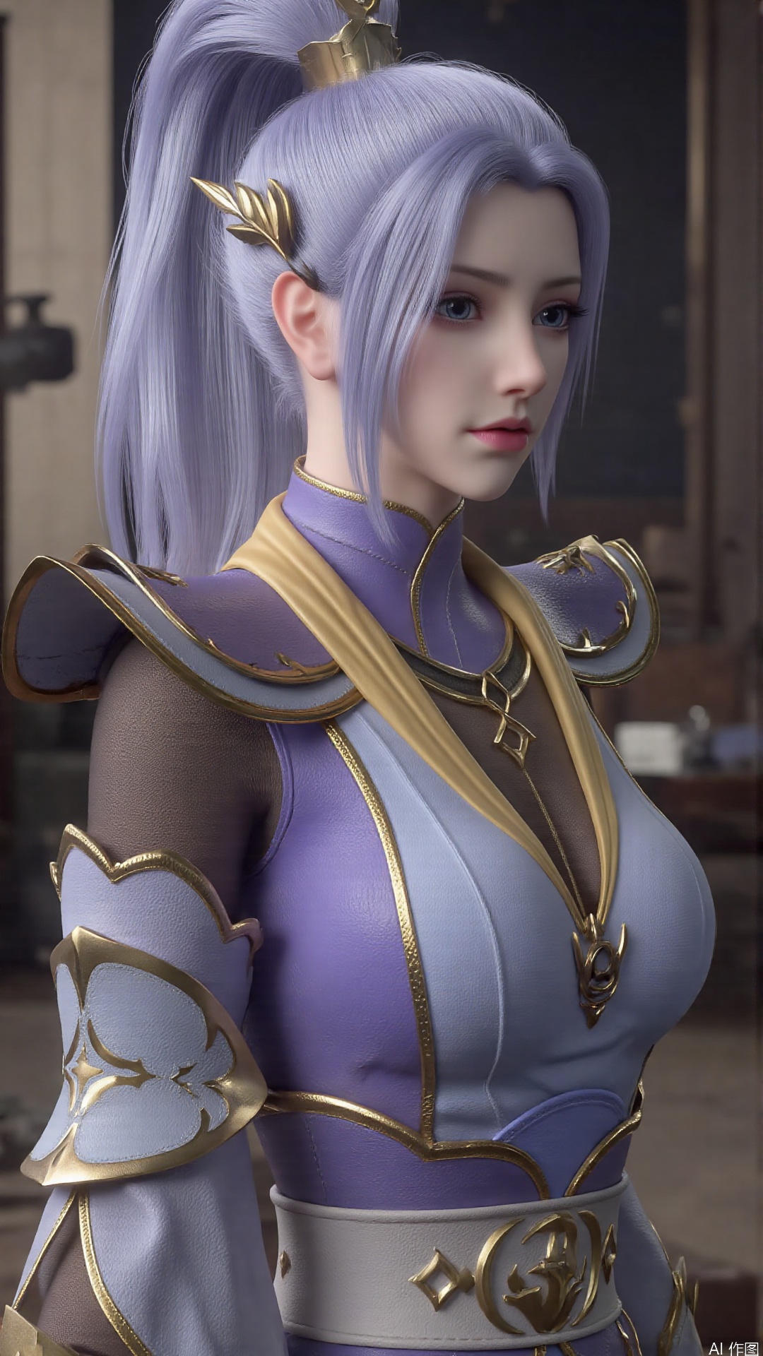  1girl, light purple hair, black thighhighs, ponytail, gloves, blue eyes, long hair, breasts, armor, hair ornament, black gloves, looking at viewer, lying, perfect body, scenery, sharp focus, best quality, masterpiece, detailed outfit, illustration, perfect eyes, finely detailed beautiful anime eyes, realistic skin, intricate details, best lighting, depth of field, ultra high resolution, bed, from above