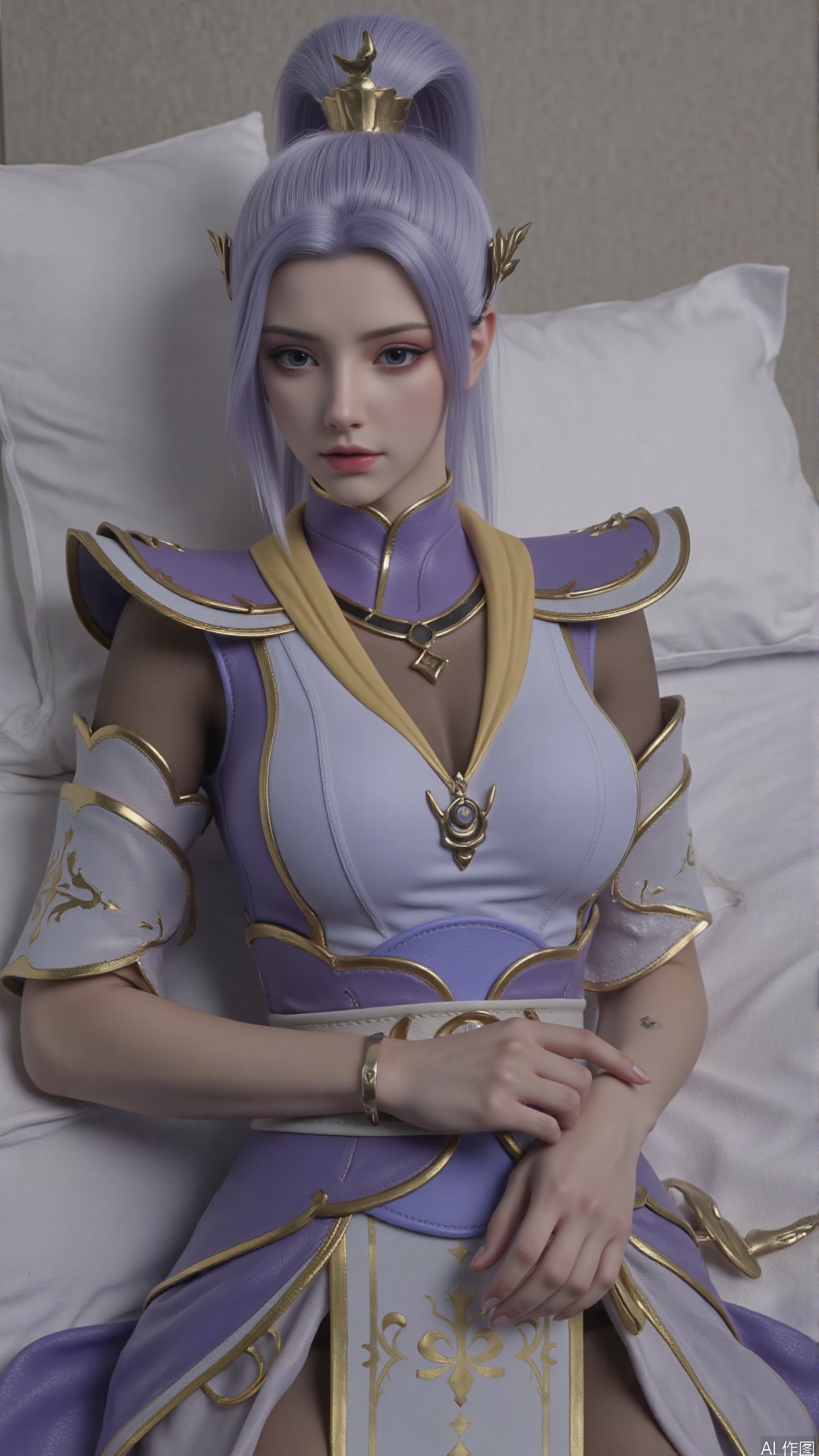  1girl, solo, long hair, breasts, looking at viewer, ponytail, hair ornament, dress, jewelry, closed mouth, short sleeves, earrings, lying, bed, hand up, on back,