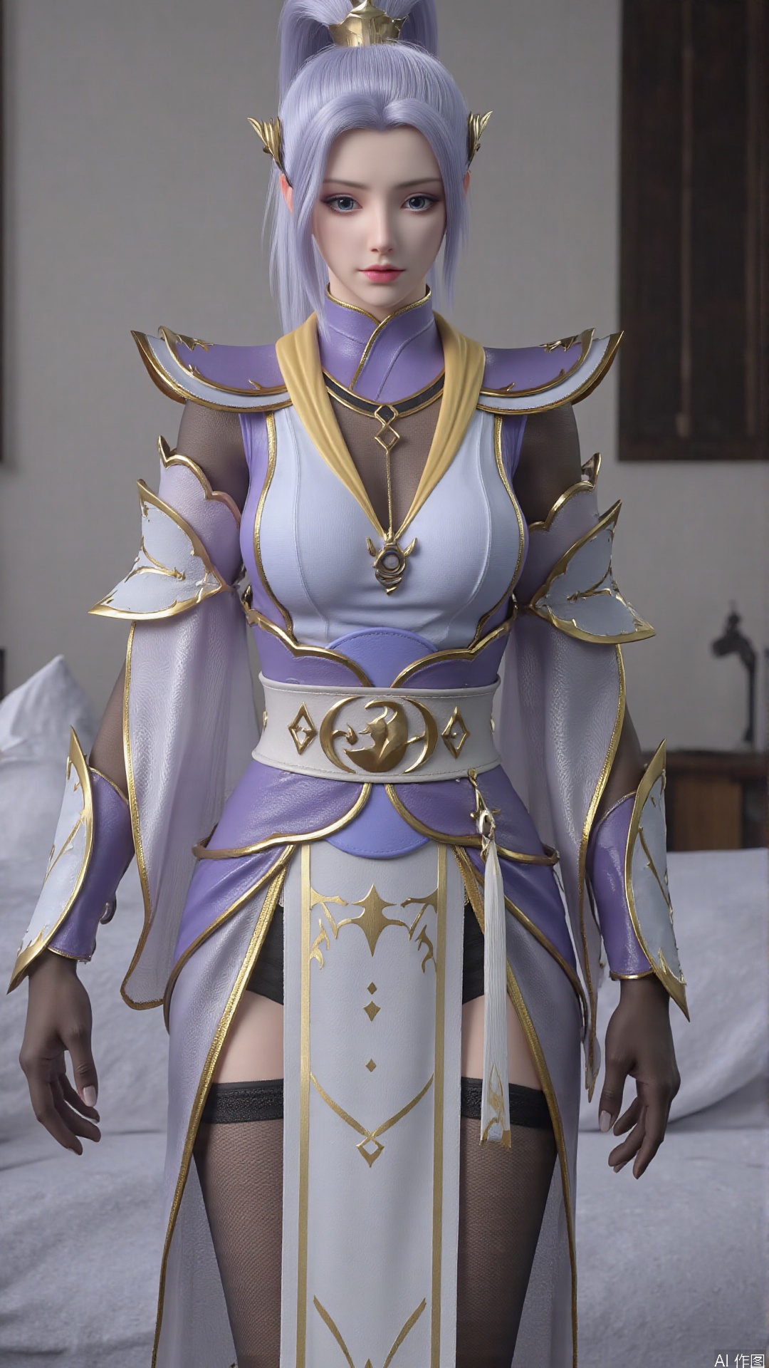  1girl, solo, long hair, breasts, looking at viewer, ponytail, hair ornament, dress, jewelry, closed mouth, short sleeves, earrings, lying, bed, hand up, on back,