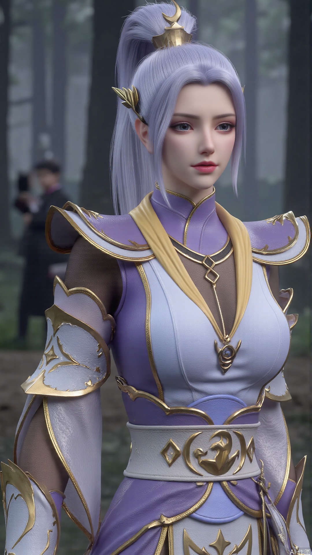 1girl, solo, ponytail, looking at viewer, mischevious smile, perfect body, scenery, sharp focus, best quality, masterpiece, detailed outfit, illustration, perfect eyes, finely detailed beautiful anime eyes, realistic skin, intricate details, best lighting, depth of field, ultra high resolution,cowboy_shot