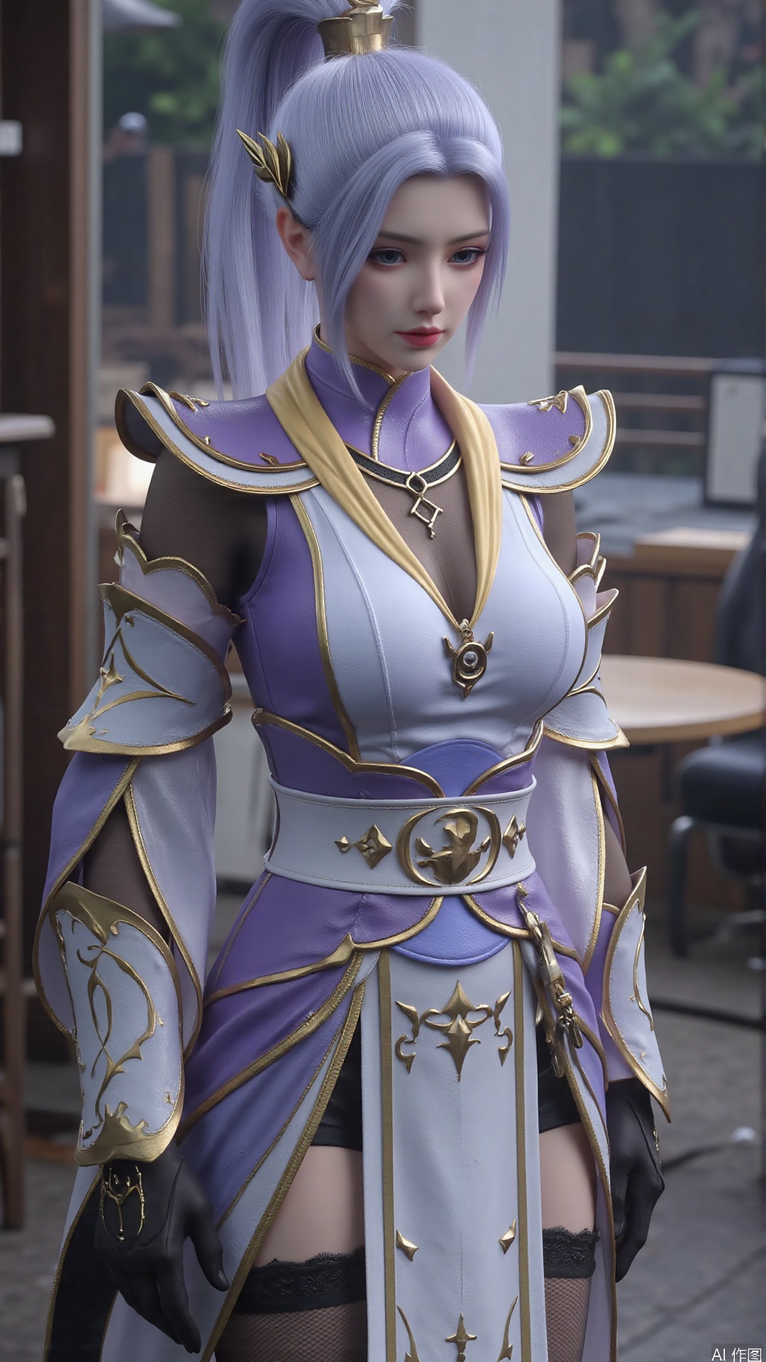 1girl, solo, thighhighs, ponytail, gloves, blue eyes, long hair, breasts, armor, hair ornament, black gloves, looking at viewer, standing, mischevious smile, perfect body, scenery, sharp focus, best quality, masterpiece, detailed outfit, illustration, perfect eyes, finely detailed beautiful anime eyes, realistic skin, intricate details, best lighting, depth of field, ultra high resolution,cowboy_shot