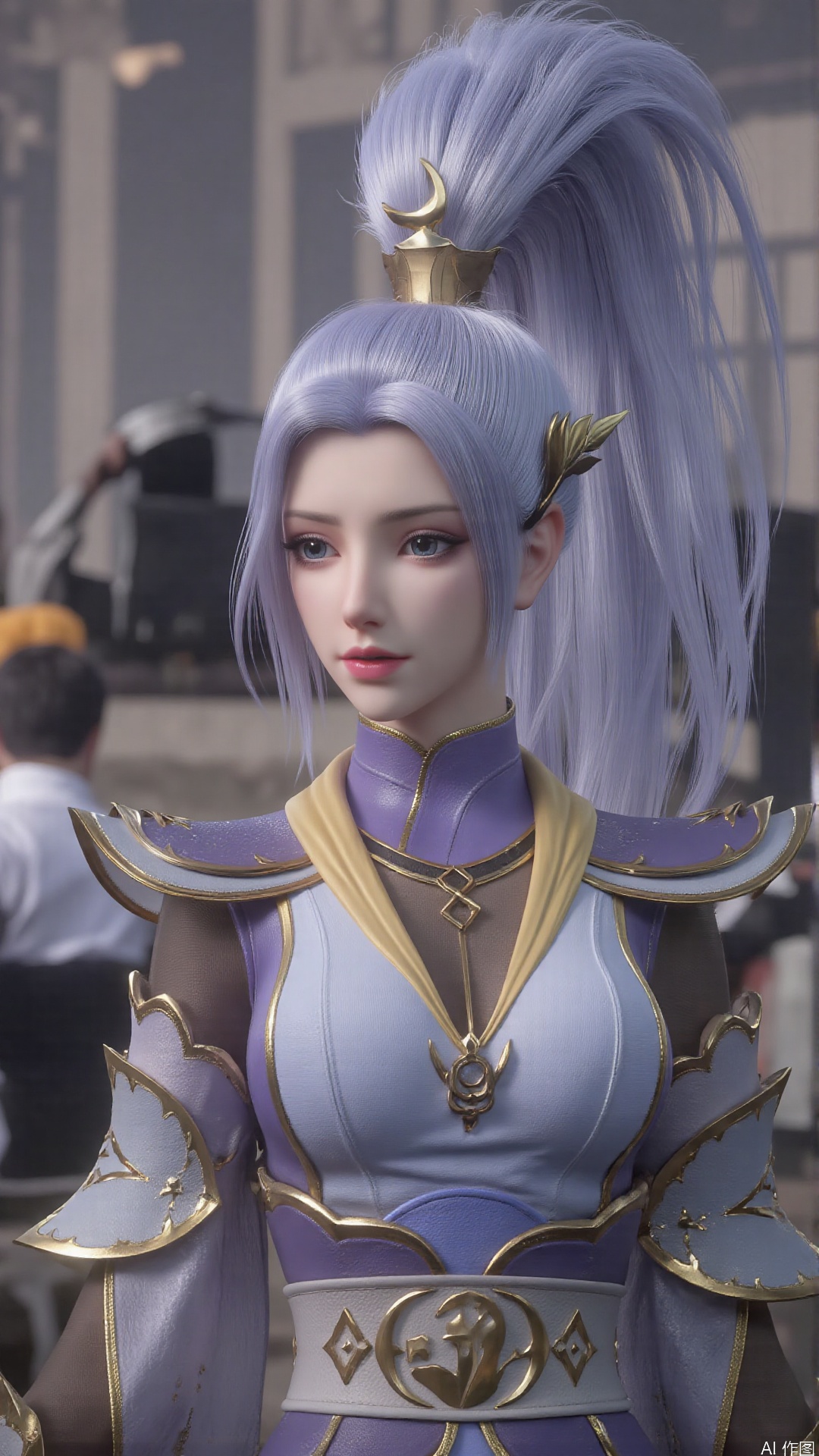 1girl, solo, thighhighs, ponytail, gloves, blue eyes, long hair, breasts, armor, hair ornament, black gloves, looking at viewer, standing, mischevious smile, perfect body, scenery, sharp focus, best quality, masterpiece, detailed outfit, illustration, perfect eyes, finely detailed beautiful anime eyes, realistic skin, intricate details, best lighting, depth of field, ultra high resolution,cowboy_shot