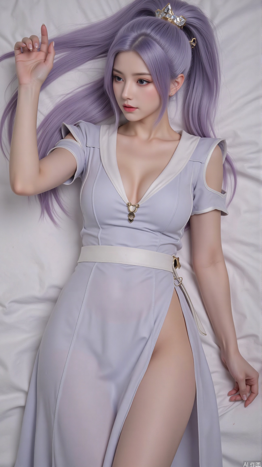  1girl, solo, long hair, breasts, looking at viewer, ponytail, hair ornament, dress, jewelry, closed mouth, short sleeves, earrings, lying, bed, hand up, on back,