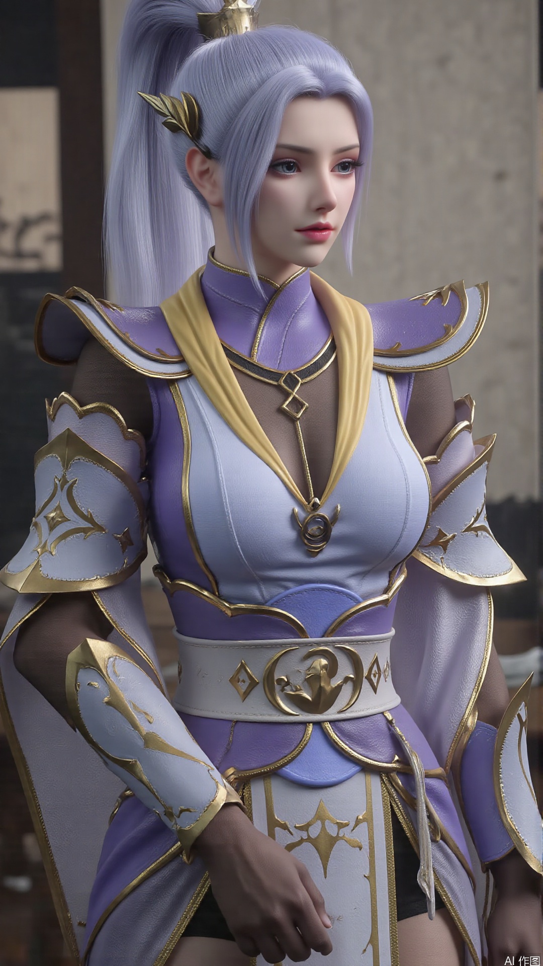 1girl, solo, ponytail, looking at viewer, mischevious smile, perfect body, scenery, sharp focus, best quality, masterpiece, detailed outfit, illustration, perfect eyes, finely detailed beautiful anime eyes, realistic skin, intricate details, best lighting, depth of field, ultra high resolution,cowboy_shot