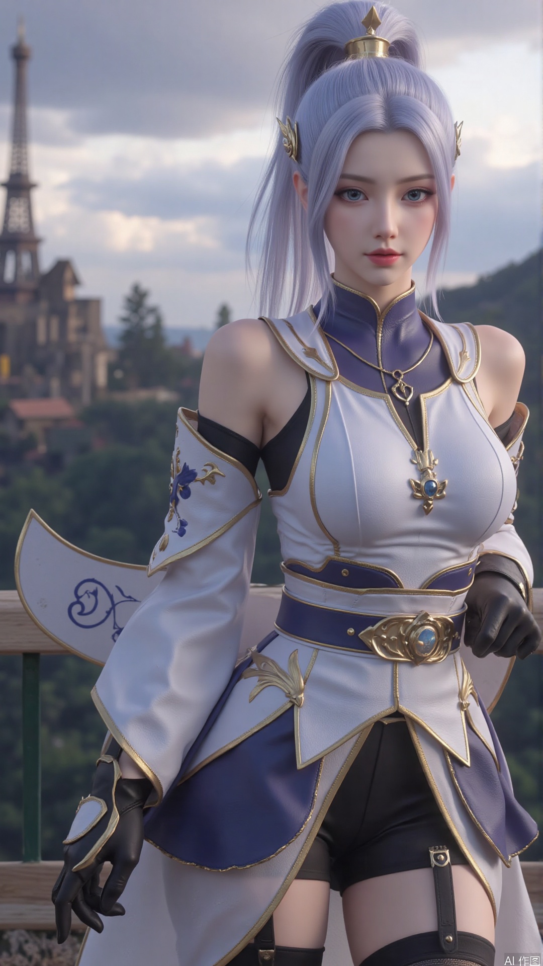 1girl, solo, thighhighs, ponytail, gloves, blue eyes, long hair, breasts, armor, hair ornament, black gloves, looking at viewer, standing, mischevious smile, perfect body, scenery, sharp focus, best quality, masterpiece, detailed outfit, illustration, perfect eyes, finely detailed beautiful anime eyes, realistic skin, intricate details, best lighting, depth of field, ultra high resolution,cowboy_shot