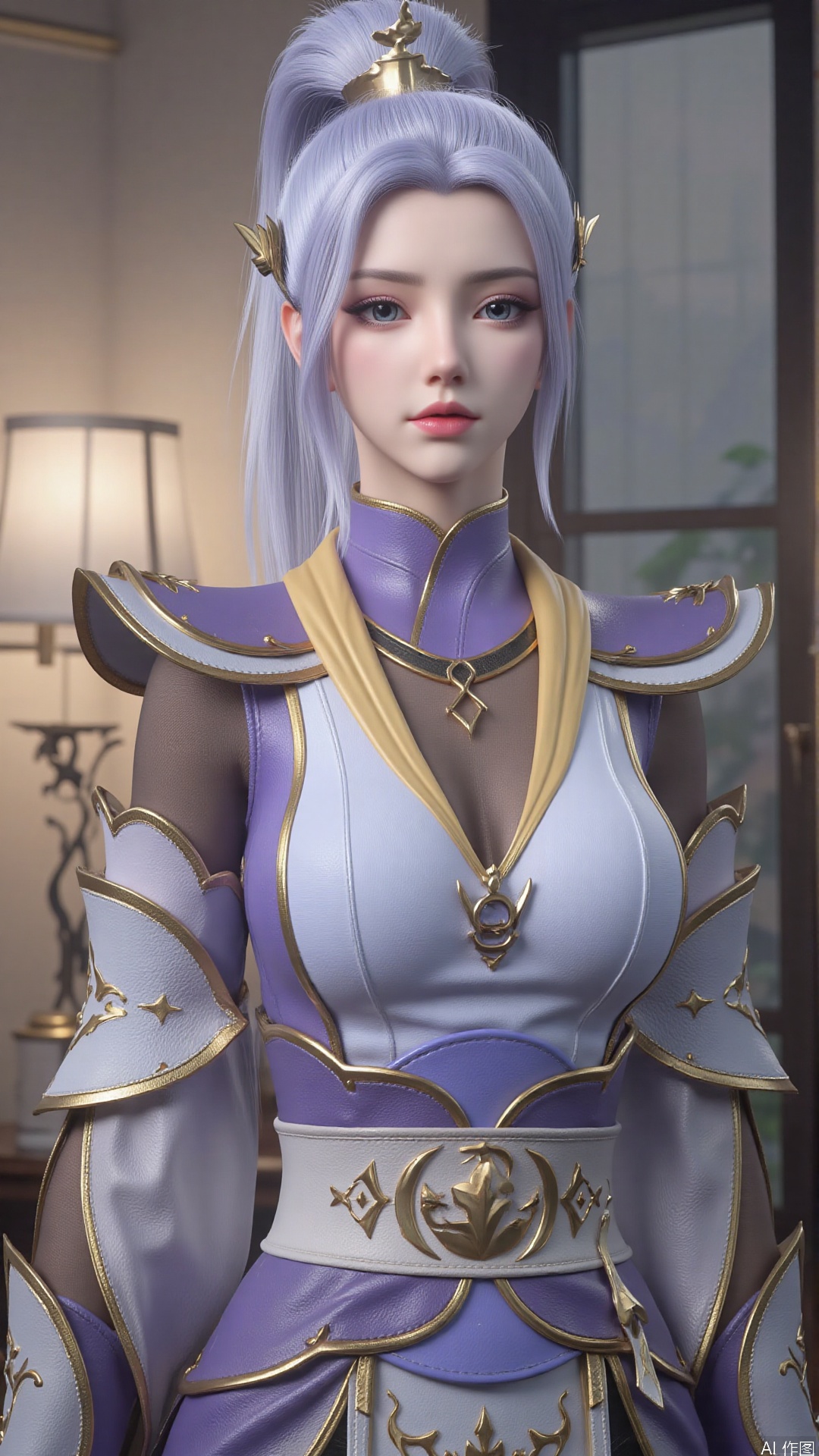 1girl, solo, ponytail, looking at viewer, mischevious smile, perfect body, scenery, sharp focus, best quality, masterpiece, detailed outfit, illustration, perfect eyes, finely detailed beautiful anime eyes, realistic skin, intricate details, best lighting, depth of field, ultra high resolution,cowboy_shot