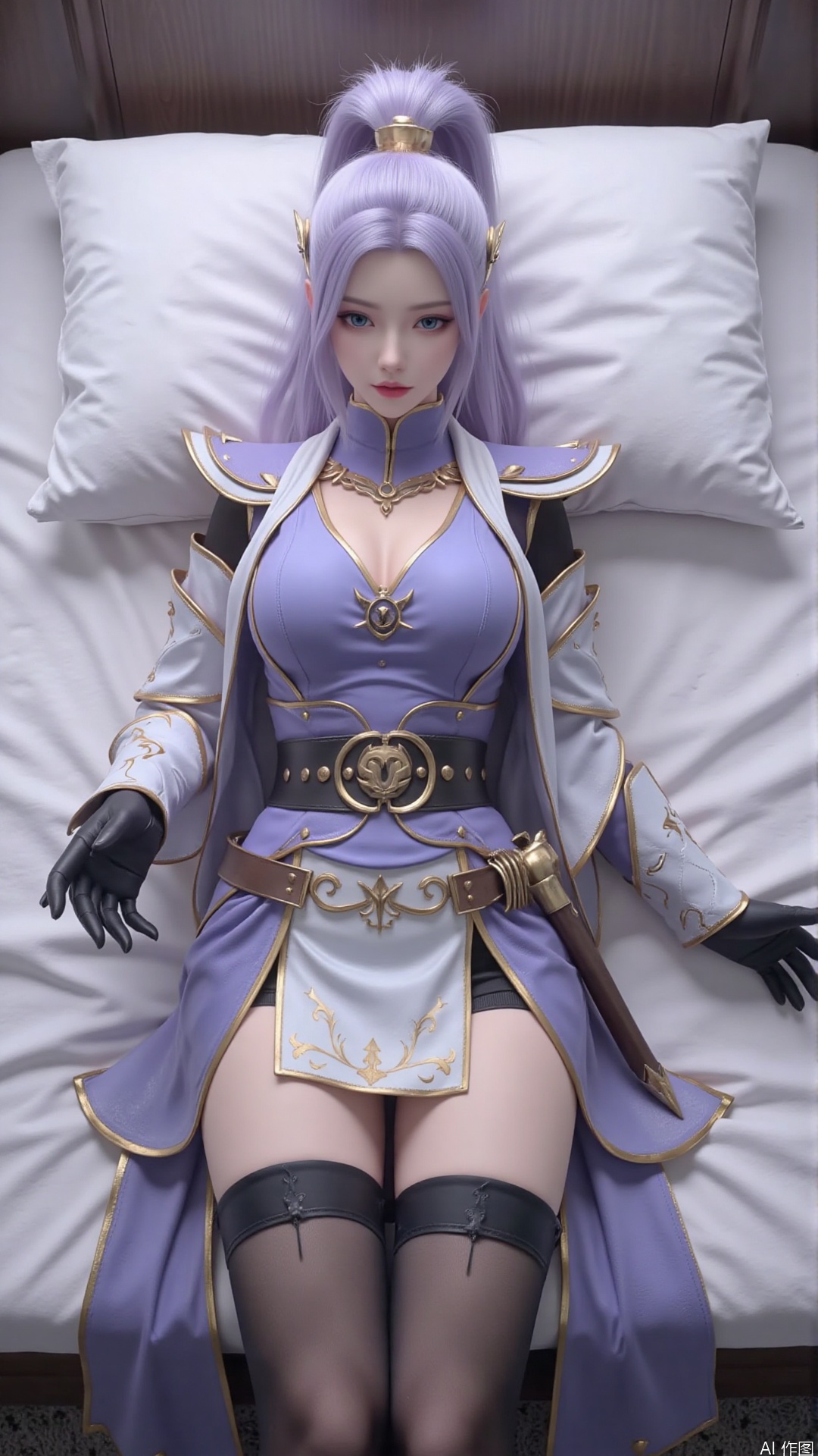  1girl, light purple hair, black thighhighs, ponytail, gloves, blue eyes, long hair, breasts, armor, hair ornament, black gloves, looking at viewer, lying, perfect body, scenery, sharp focus, best quality, masterpiece, detailed outfit, illustration, perfect eyes, finely detailed beautiful anime eyes, realistic skin, intricate details, best lighting, depth of field, ultra high resolution, bed, from above