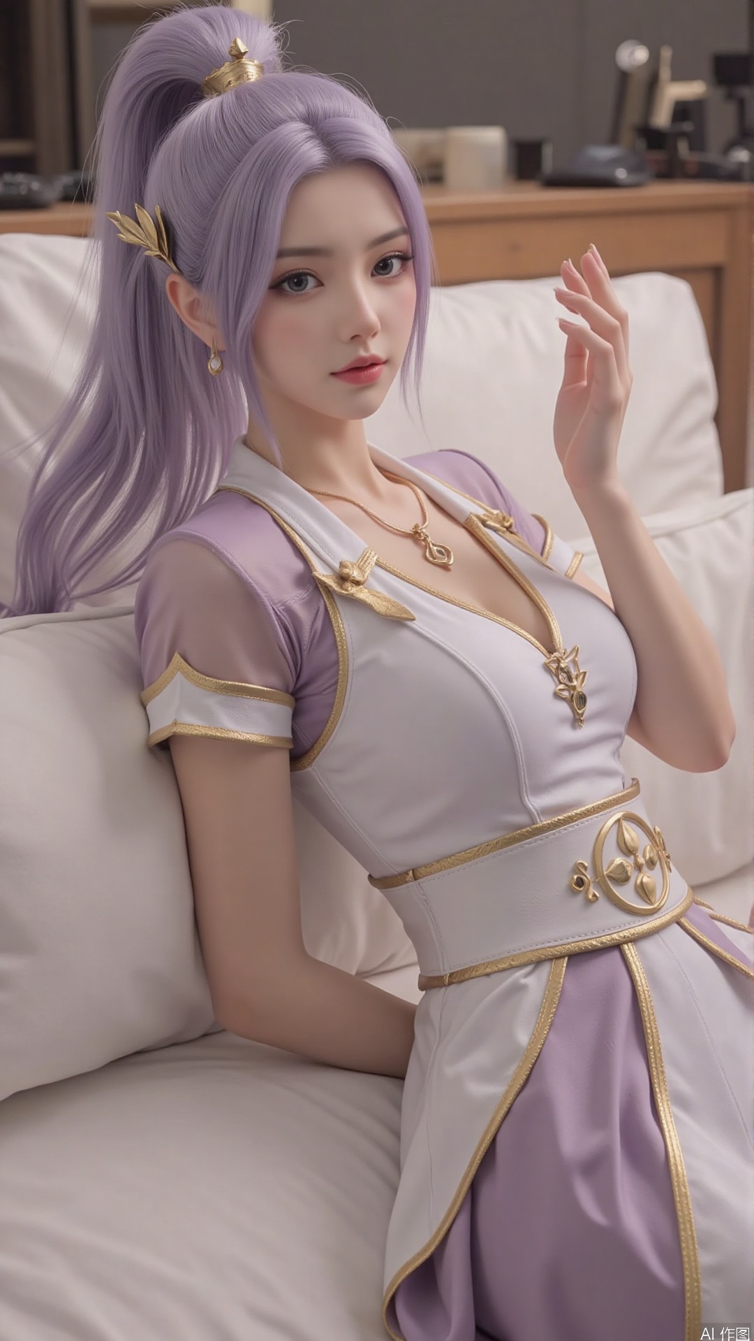  1girl, solo, long hair, breasts, looking at viewer, ponytail, hair ornament, dress, jewelry, closed mouth, short sleeves, earrings, lying, bed, hand up, on back,