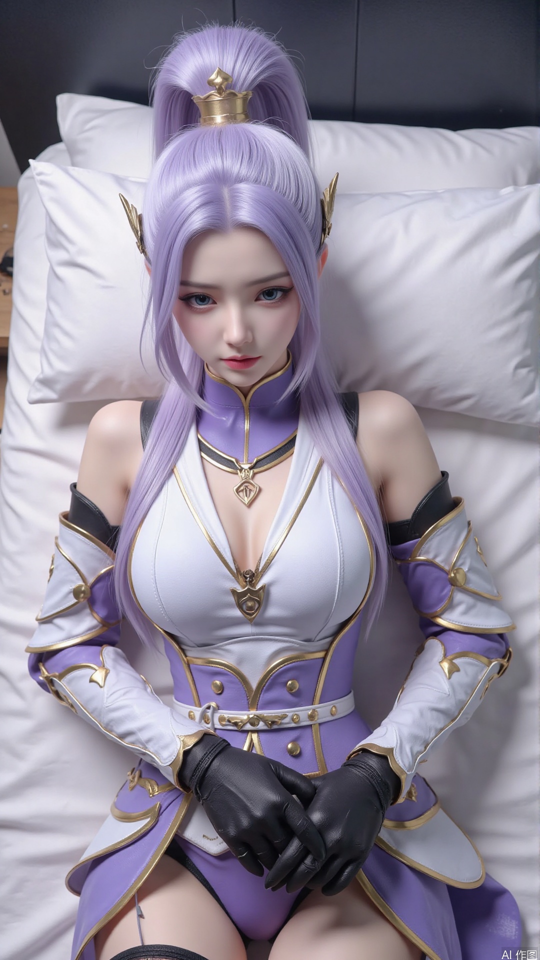  1girl, light purple hair, black thighhighs, ponytail, gloves, blue eyes, long hair, breasts, armor, hair ornament, black gloves, looking at viewer, lying, perfect body, scenery, sharp focus, best quality, masterpiece, detailed outfit, illustration, perfect eyes, finely detailed beautiful anime eyes, realistic skin, intricate details, best lighting, depth of field, ultra high resolution, bed, from above