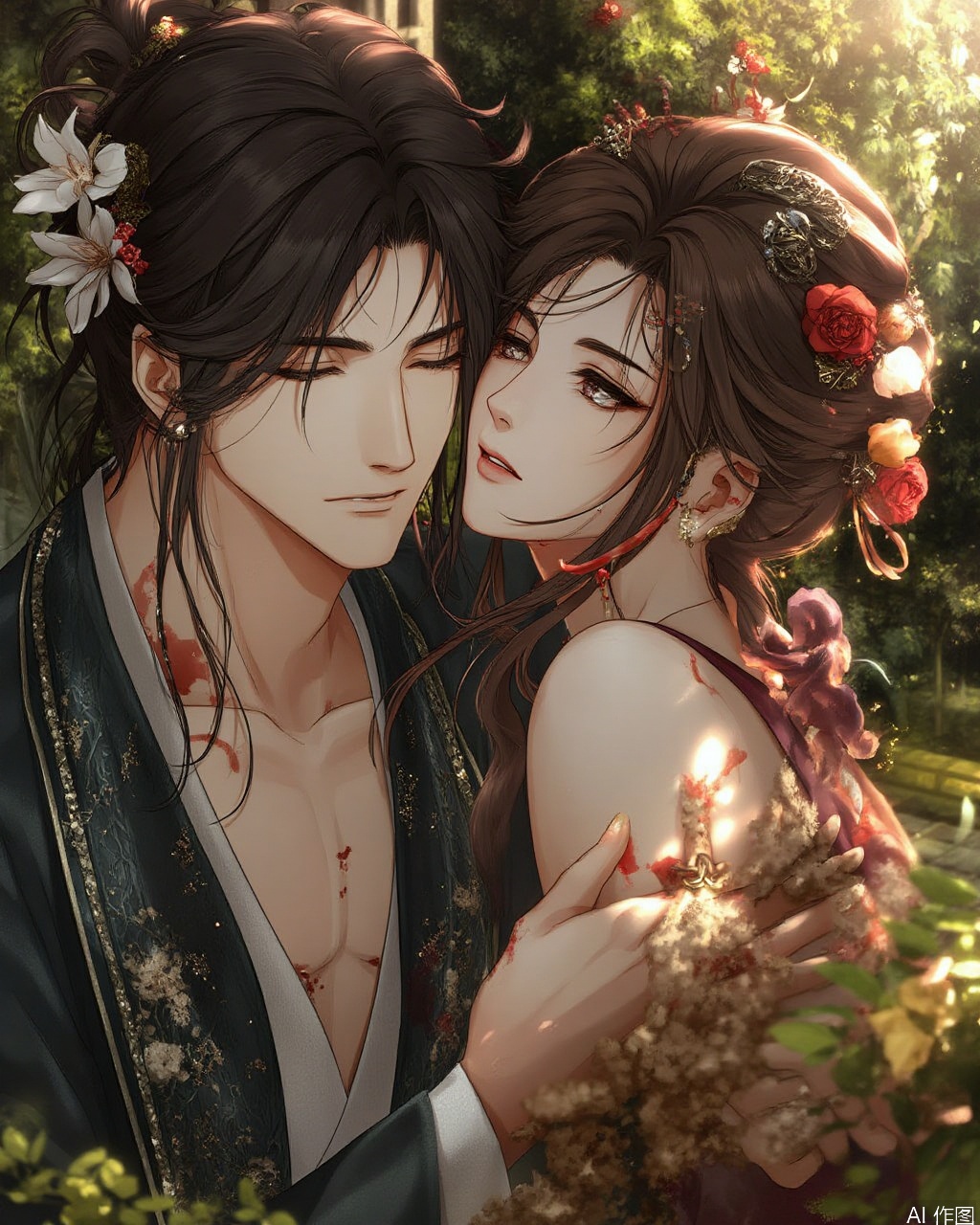 (Masterpiece,. Best picture quality, movie picture),glow style, 1girl, 1boy, hair ornament, flower, brown hair, hair flower, black hair, hair rings, long hair, jewelry, closed eyes, topless male, injury, ponytail, earrings, chinese clothes, blood, parted lips, hetero