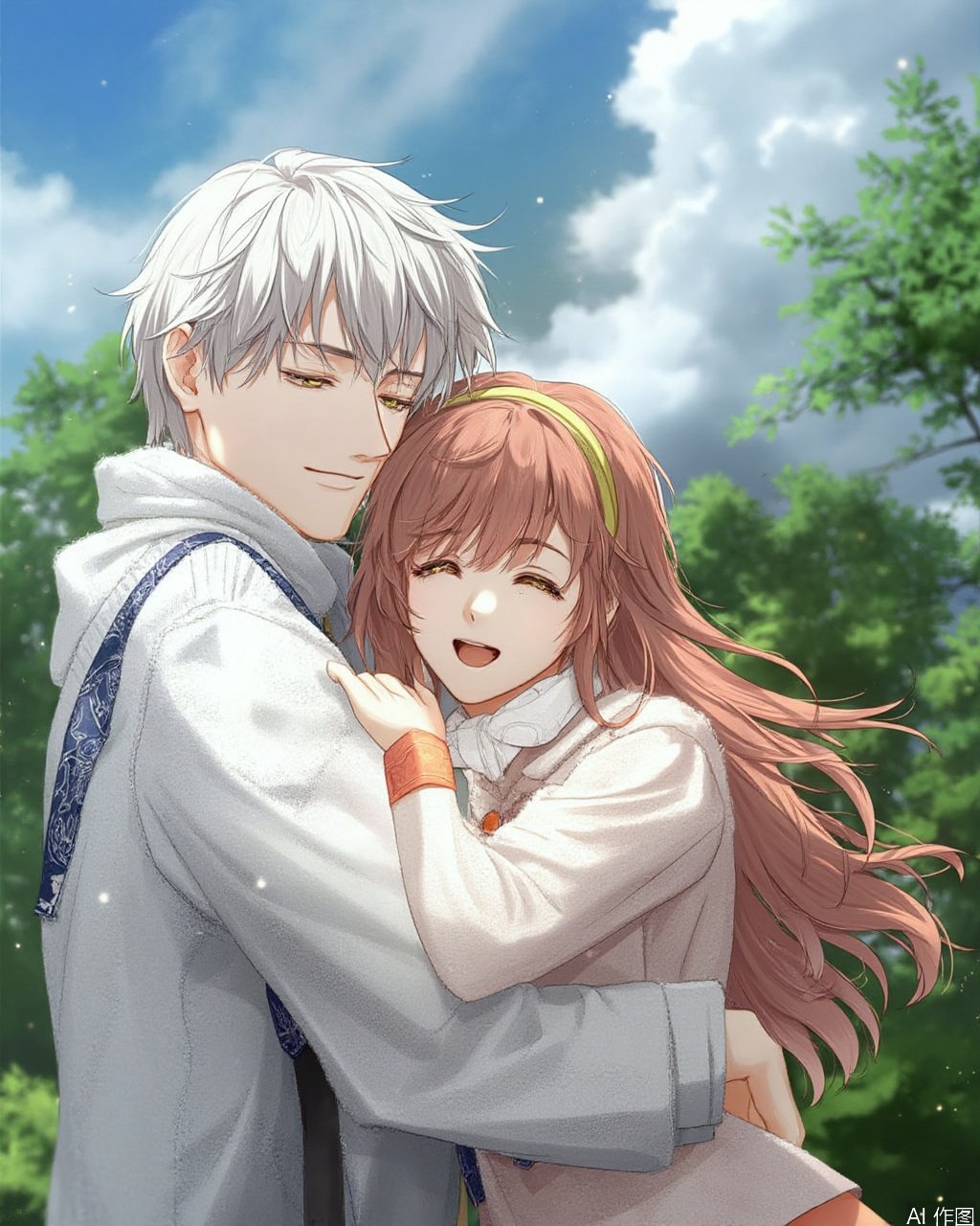  (Masterpiece,. Best picture quality, movie picture), glow style, 1girl, 1boy, hug from behind, long hair, closed eyes, outdoors, neckerchief, sky, brown hair, smile, sweater, hug, open mouth, yellow hairband, yellow eyes, hairband, long sleeves, cloud, white hair, jacket, tree, skirt, shirt, short hair