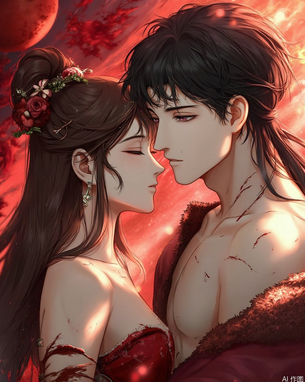  (Masterpiece,. Best picture quality, movie picture),glow style, 1girl, 1boy, hair ornament, flower, brown hair, hair flower, black hair, hair rings, long hair, jewelry, closed eyes, topless male, injury, ponytail, earrings, chinese clothes, blood, parted lips, hetero