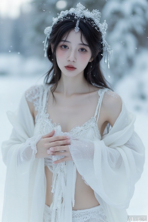 world full of snow,realistic,face photo,18 years old very thin girl,skin tight,very white skin, nudes ,very snowy,white ice on skin,many snow in hands,hands in front of breasts,cinematic lighting, soft focus,35mm film,makeup,no_pants,no_shirt
