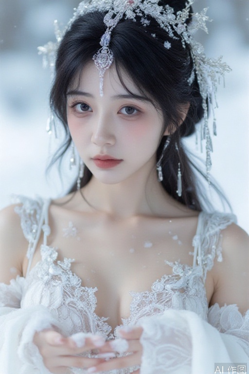 world full of snow,realistic,face photo,18 years old very thin girl,skin tight,very white skin, nudes ,very snowy,white ice on skin,many snow in hands,hands in front of breasts,cinematic lighting, soft focus,35mm film,makeup