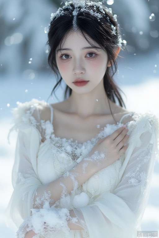 world full of snow,realistic,face photo,18 years old very thin girl,skin tight,very white skin, nudes ,very snowy,white ice on skin,many snow in hands,hands in front of breasts,cinematic lighting, soft focus,35mm film,no_pants,no_shirt,no_underwear