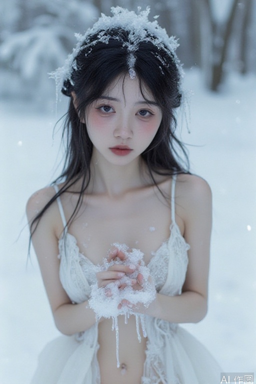 world full of snow,realistic,face photo,18 years old very thin girl,skin tight,very white skin, very wet,white ice on skin,many snow in hands,hands in front of breasts,nudes,cinematic lighting, soft focus,35mm film
