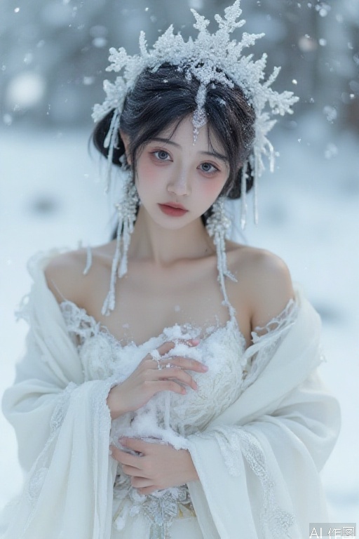 world full of snow,realistic,face photo,18 years old very thin girl,skin tight,very white skin, nudes ,very snowy,white ice on skin,many snow in hands,hands in front of breasts,cinematic lighting, soft focus,35mm film