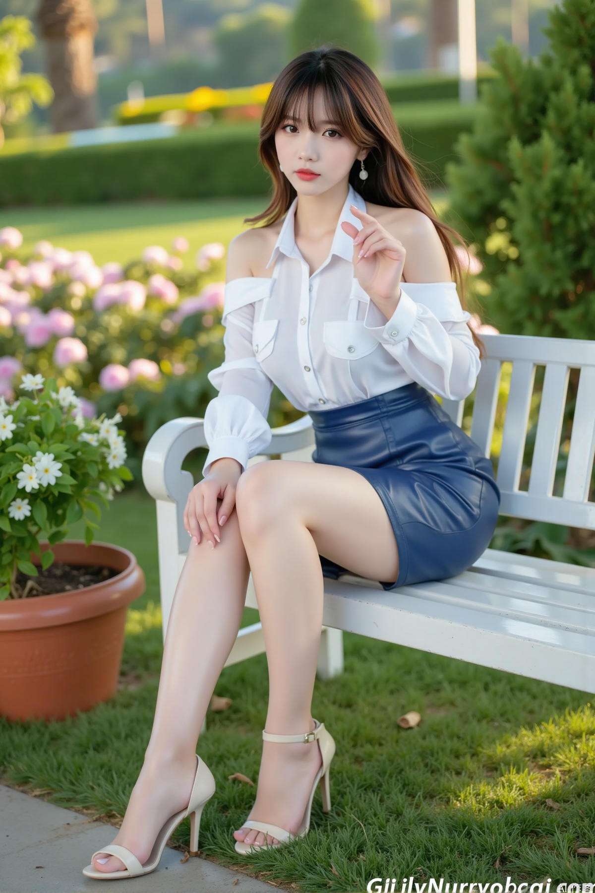 Realistic photo, one young woman, long hair, fair skin, big breasts, off-shoulder shirt, pencil skirt, pantyhose, long legs, not wearing shoes, full body, sitting, bench, luxurious garden, flowers,