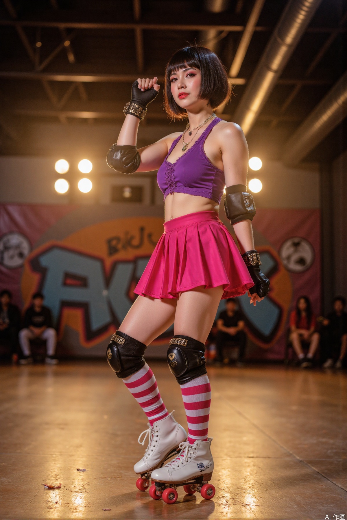 1girl, retro roller - derby outfit, short pleated skirt, (powerful leg drive:1.9), (customized roller skates:1.7), (striped knee socks with lace trim:1.6), (vascular leg definition:1.8), (golden hour light on legs:2.2), (raven bob haircut with side shave:1.5), ((dutch angle斜拍:1.9)), ((bokeh of blurred track lights:2.1)), ((vibrant graffiti wall background:1.8)), ((glistening leg warmers:1.7)), fierce smirk, fist raised in victory, saturated neon tones, lifelike skin pores, cinematic rim lighting, confetti explosions,
