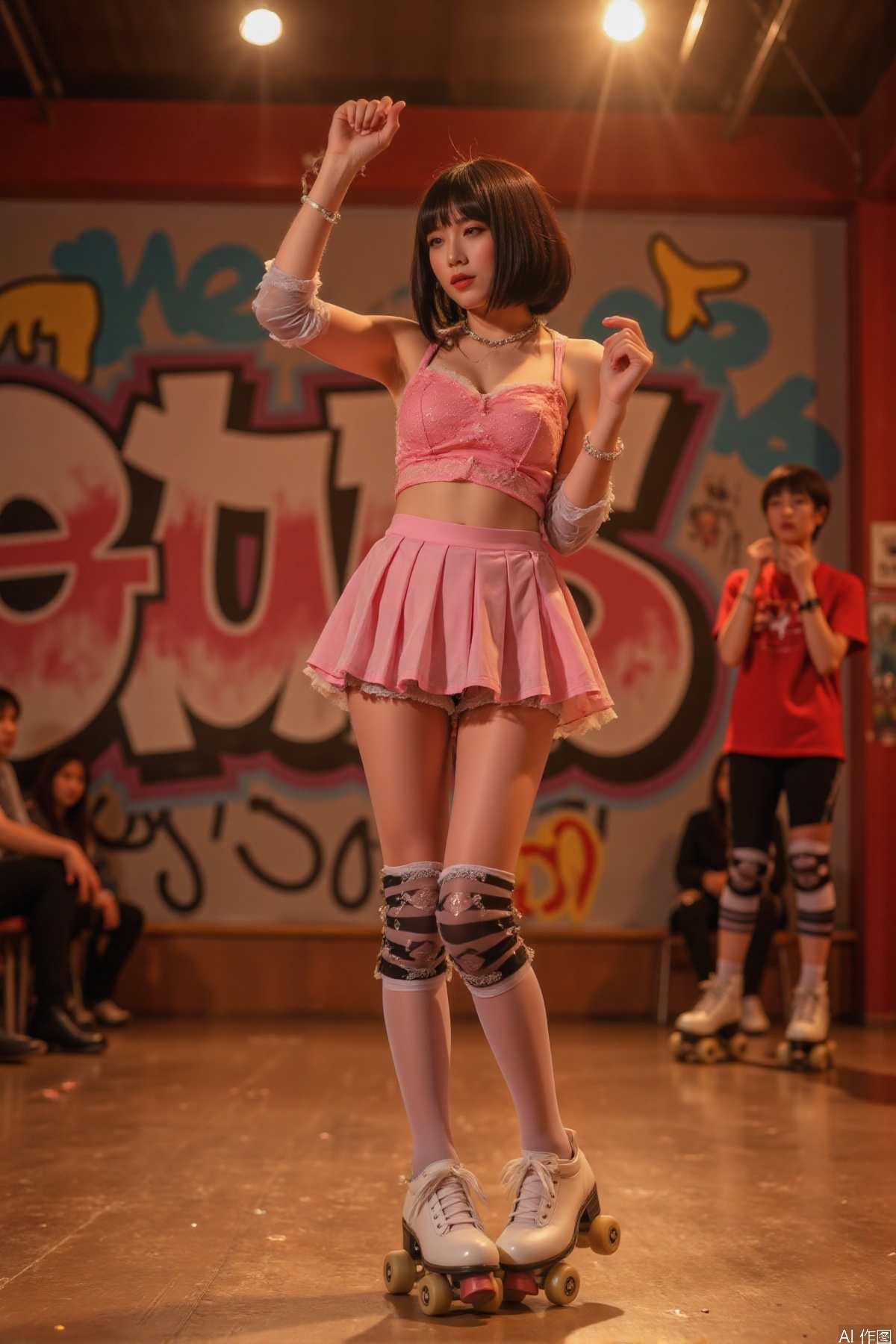 1girl, retro roller - derby outfit, short pleated skirt, (powerful leg drive:1.9), (customized roller skates:1.7), (striped knee socks with lace trim:1.6), (vascular leg definition:1.8), (golden hour light on legs:2.2), (raven bob haircut with side shave:1.5), ((dutch angle斜拍:1.9)), ((bokeh of blurred track lights:2.1)), ((vibrant graffiti wall background:1.8)), ((glistening leg warmers:1.7)), fierce smirk, fist raised in victory, saturated neon tones, lifelike skin pores, cinematic rim lighting, confetti explosions,