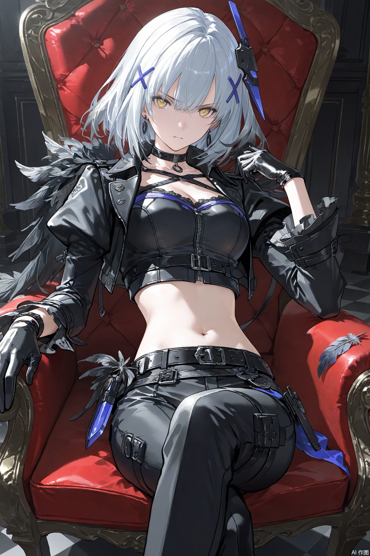 Masterpiece,best quality,ultra-detailed,detailed pupils,photography,high quality,top CG rendering,highest quality,ultra-clear,ultra-detailed,Official Art,Extremely Detailed CG,8k Wallpapers,good figure,HD,game CG, CG,
rosetta,white hair,short hair,yellow eyes,headgear,determined eyes,x hair ornaments,,gloves,black gloves,breasts,cropped jacket,looking at viewer,long sleeves,jacket,pants,black jacket,midriff,jewelry,belt,medium breasts,feathers,black pants,puffy sleeves,crop top,choker,earrings,navel,juliet sleeves,fur trim,open jacket,open clothes,facing viewer,sitting on throne,crossed legs,from above