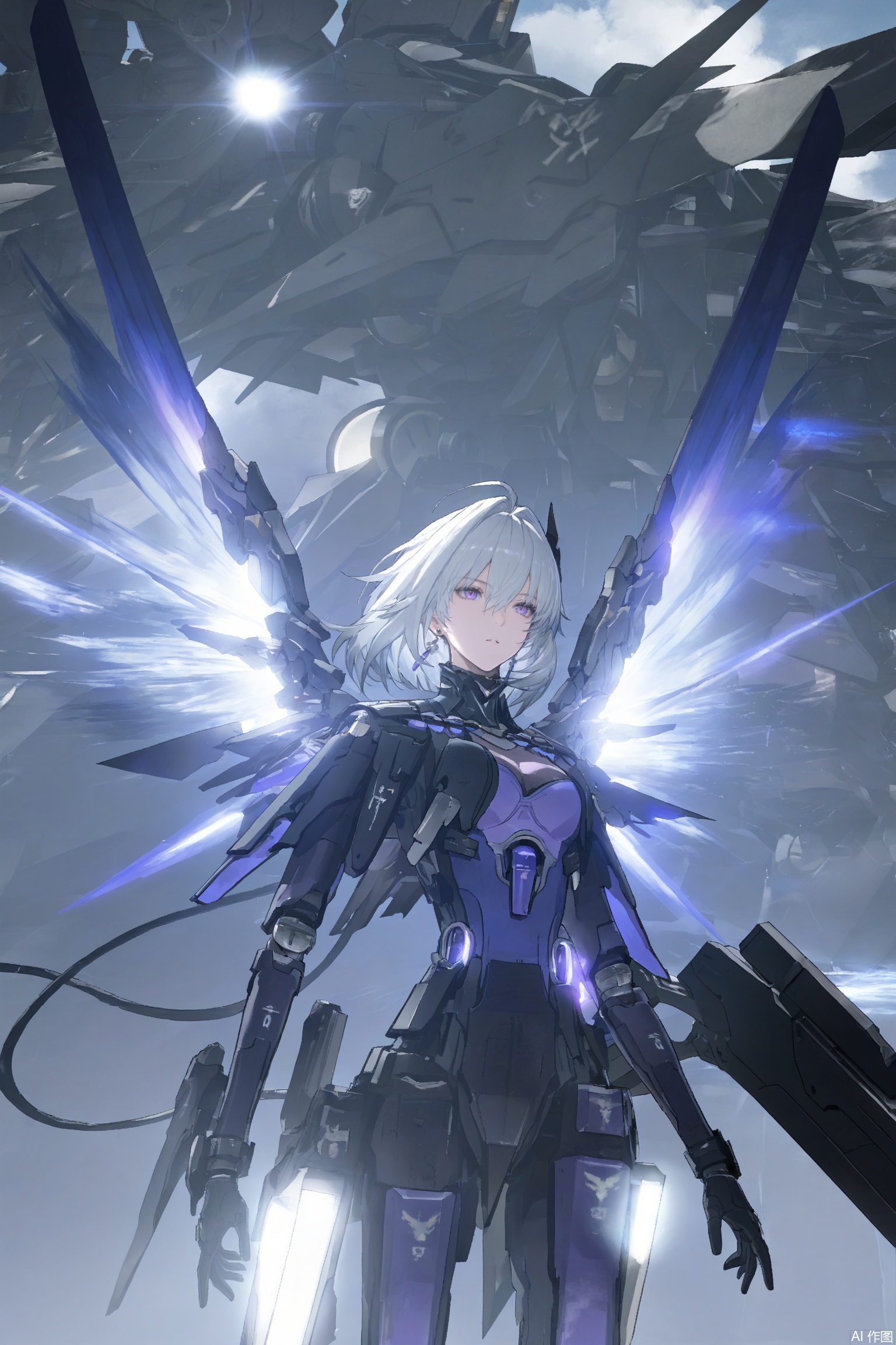 Masterpiece,best quality,ultra-detailed,detailed pupils,photography,high quality,top CG rendering,highest quality,ultra-clear,ultra-detailed,Official Art,Extremely Detailed CG,8k Wallpapers,good figure,HD,game CG, CG,
galbrena \(wuthering waves\),white hair,short hair,purple eyes,earrings,
purple bodysuit, science fiction,wings, mecha musume,cowboy shot,robot,