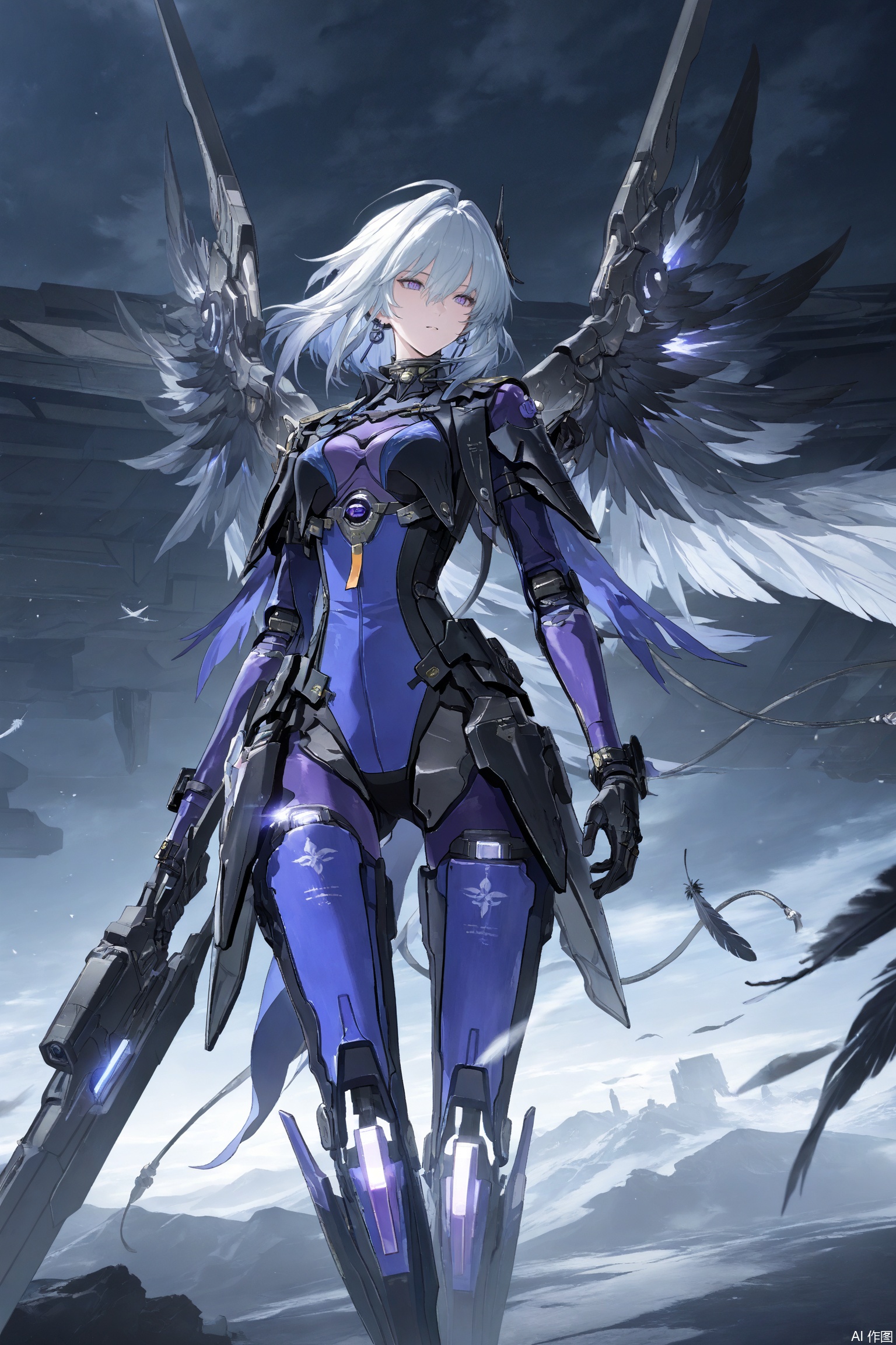 Masterpiece,best quality,ultra-detailed,detailed pupils,photography,high quality,top CG rendering,highest quality,ultra-clear,ultra-detailed,Official Art,Extremely Detailed CG,8k Wallpapers,good figure,HD,game CG, CG,
,galbrena \(wuthering waves\),solo,white hair,purple eyes,earringss,wings,purple bodysuit, science fiction, mecha musume,feathers,facing viewer